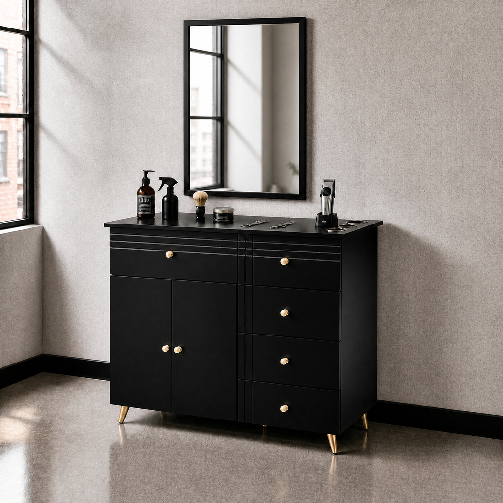 Salon Station with Metal Fram Mirror, Barber Cabinet with Wall-Mount or Cabinet-Mount Mirror, Styling Station with 5 Drawers, 1 Storage Cabinet,Cabinet for Hair Salon, Beauty Spa,Gold&Black