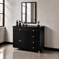 Salon Station with Metal Fram Mirror, Barber Cabinet with Wall-Mount or Cabinet-Mount Mirror, Styling Station with 5 Drawers, 1 Storage Cabinet,Cabinet for Hair Salon, Beauty Spa,Gold&Black