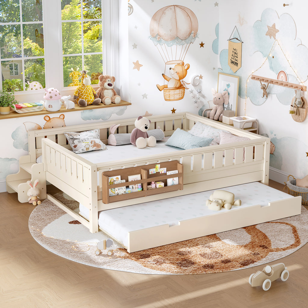 Queen with built-in bookshelves and small staircase, high-quality safety rails, and Trundle,Beige