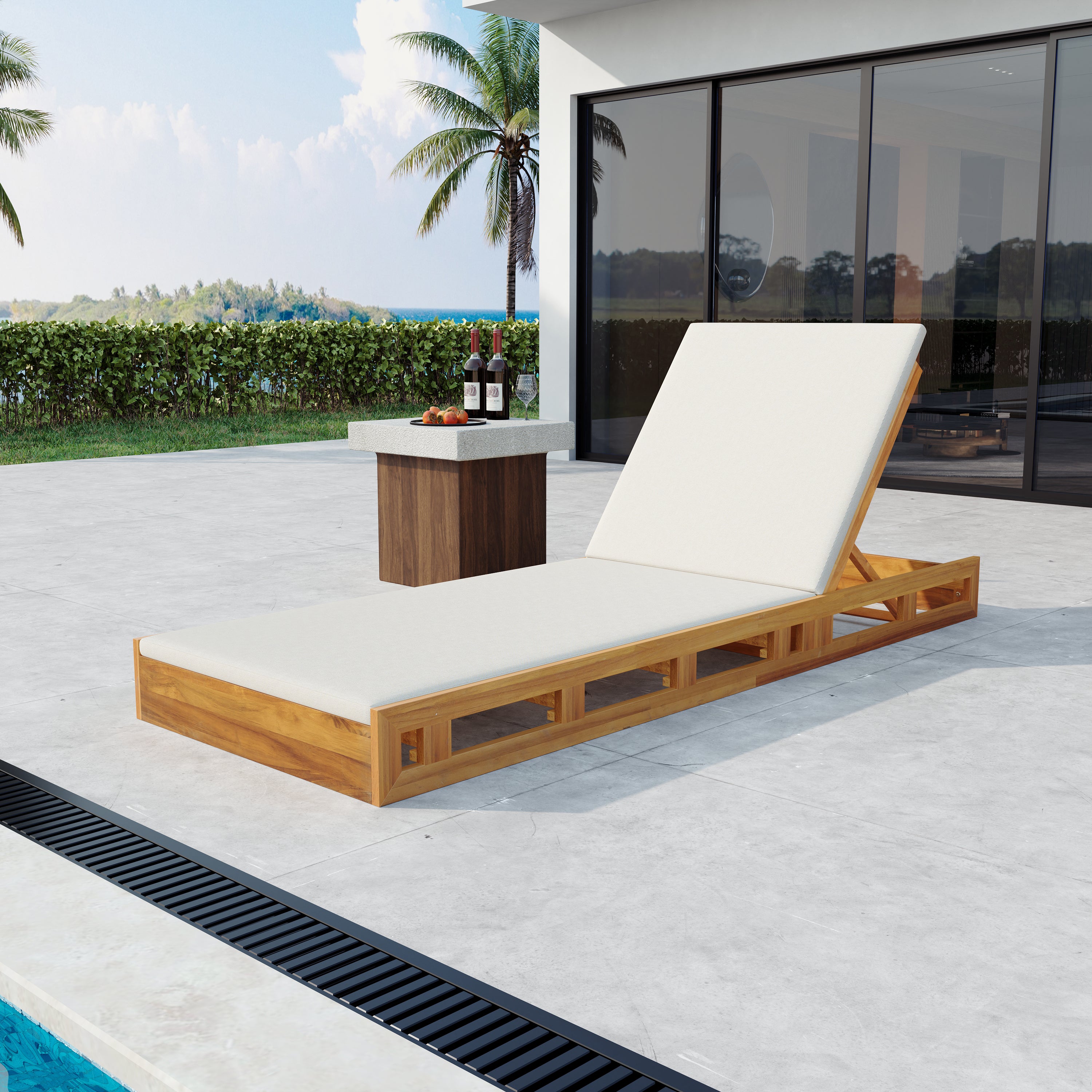 LOUNGE CHAISE SET,ACACIA WOOD WITH WATER-RESISTANT LOUNGE CUSHIONS (CREAM & 2 INCH THICK) - MATCHING DARK GREY/LEAF COCONUT VERSION AVAILABLE