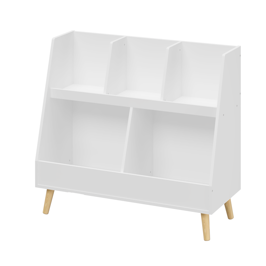 Modern Kids Bookshelf and Toy Organizer with 5 Cubbies, 2-Tier Wooden Open Bookcase, White MDF and Pine Legs