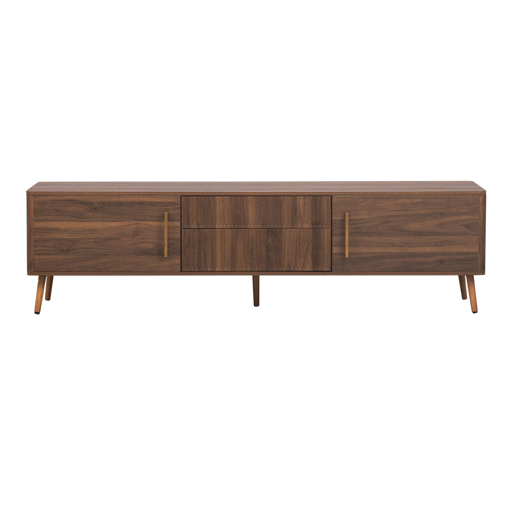 Mid Century TV Stand with 2 Drawers, Media Console Table for TVs up to 80'', Walnut Finish Solid Wood and MDF Entertainment Center for Living Room, Bedroom, Home Theatre