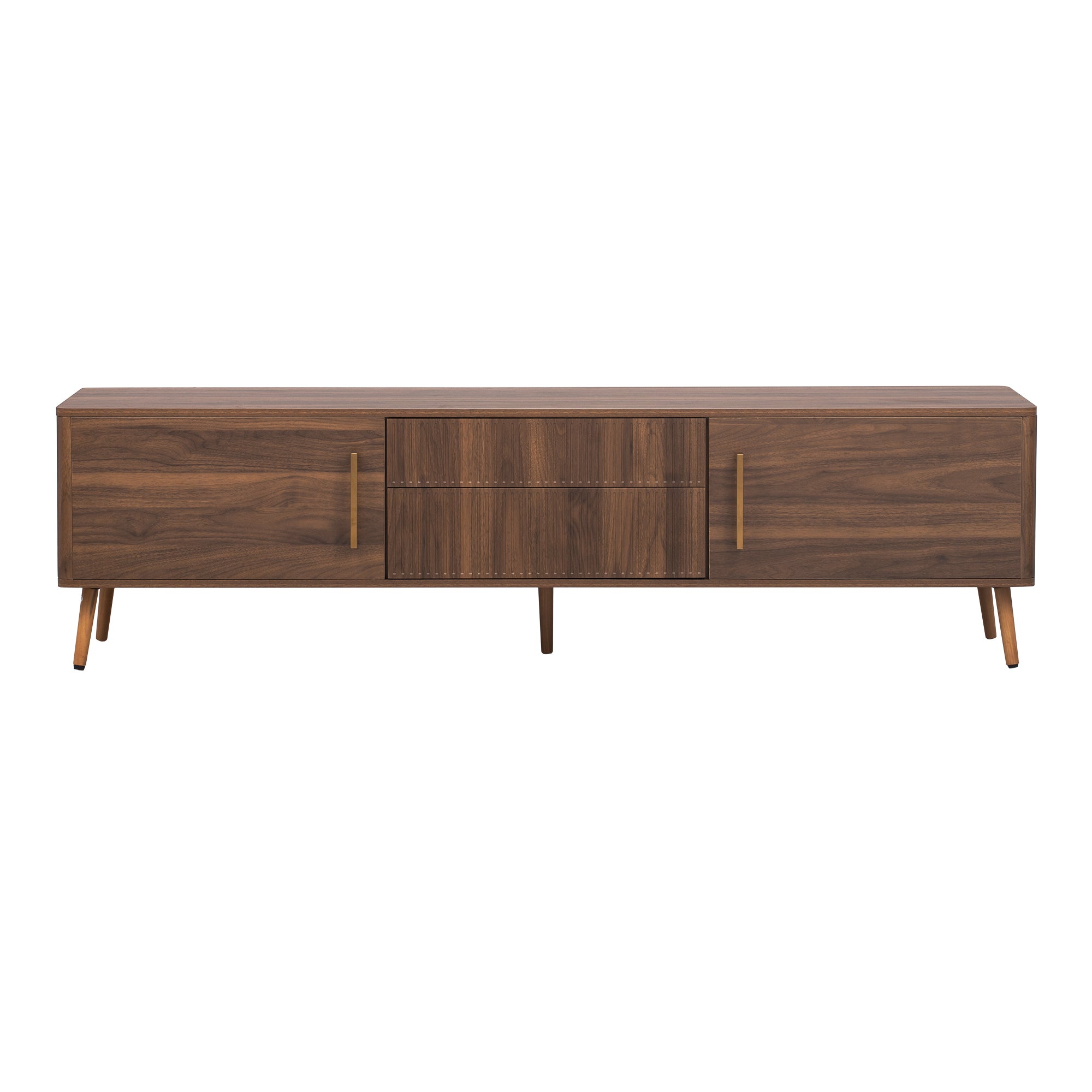 Mid Century TV Stand with 2 Drawers, Media Console Table for TVs up to 80'', Walnut Finish Solid Wood and MDF Entertainment Center for Living Room, Bedroom, Home Theatre