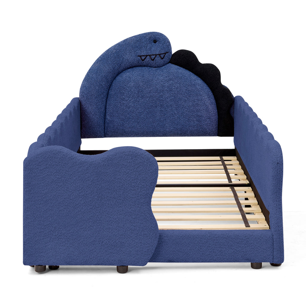 Twin Size Cute Dinosaur-Shaped Kids Bed with Safety Guardrail, Navy Blue Boucle Fabric Toddler Bed Frame, Solid Wood Construction