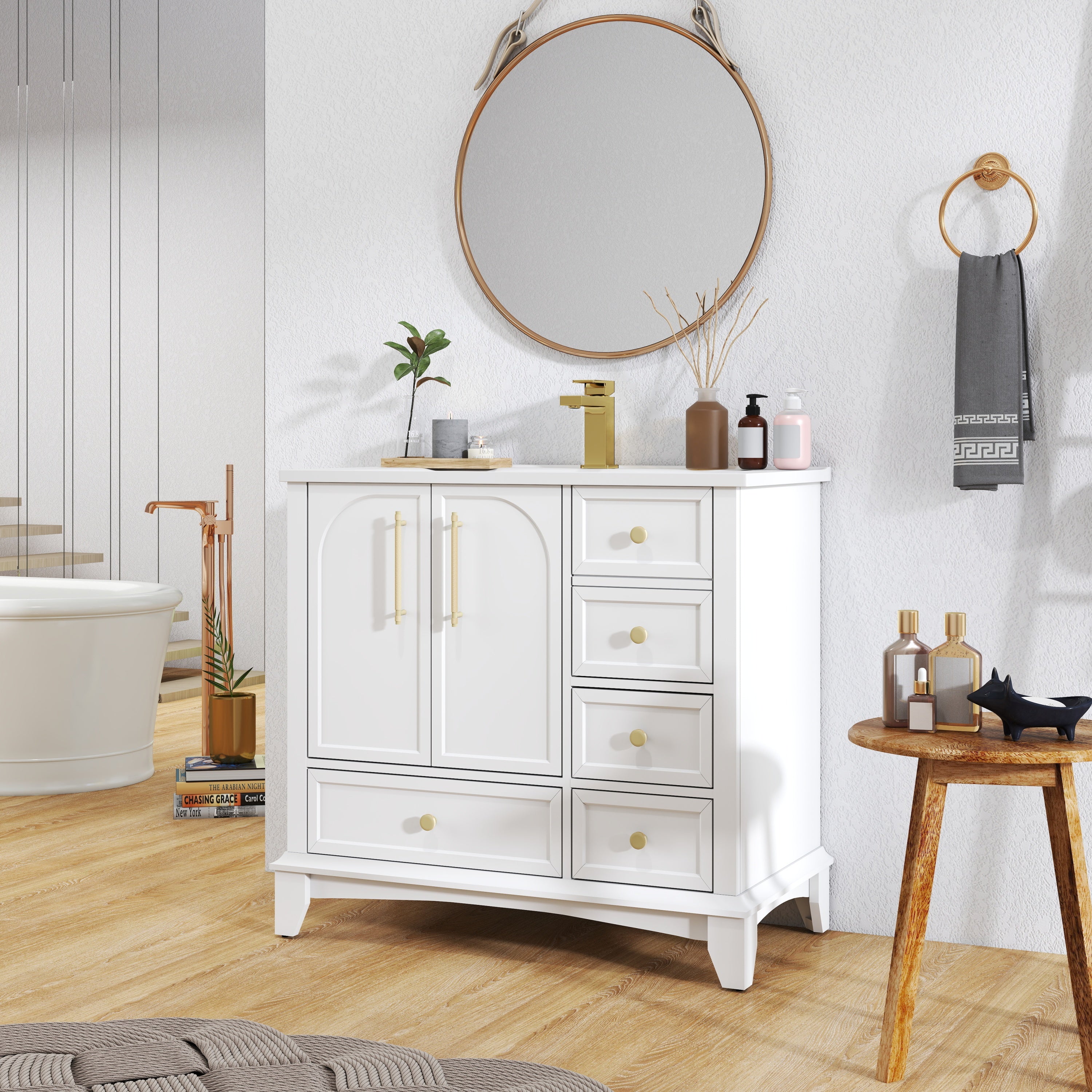35.6' Modern Bathroom Vanity Sink Combo with Painted Surface, Mid-Century Freestanding Freestanding Bathroom Vanity Sink with Storage, High-end Restroom Vanity Cabinet with Drawers & Metal Handles