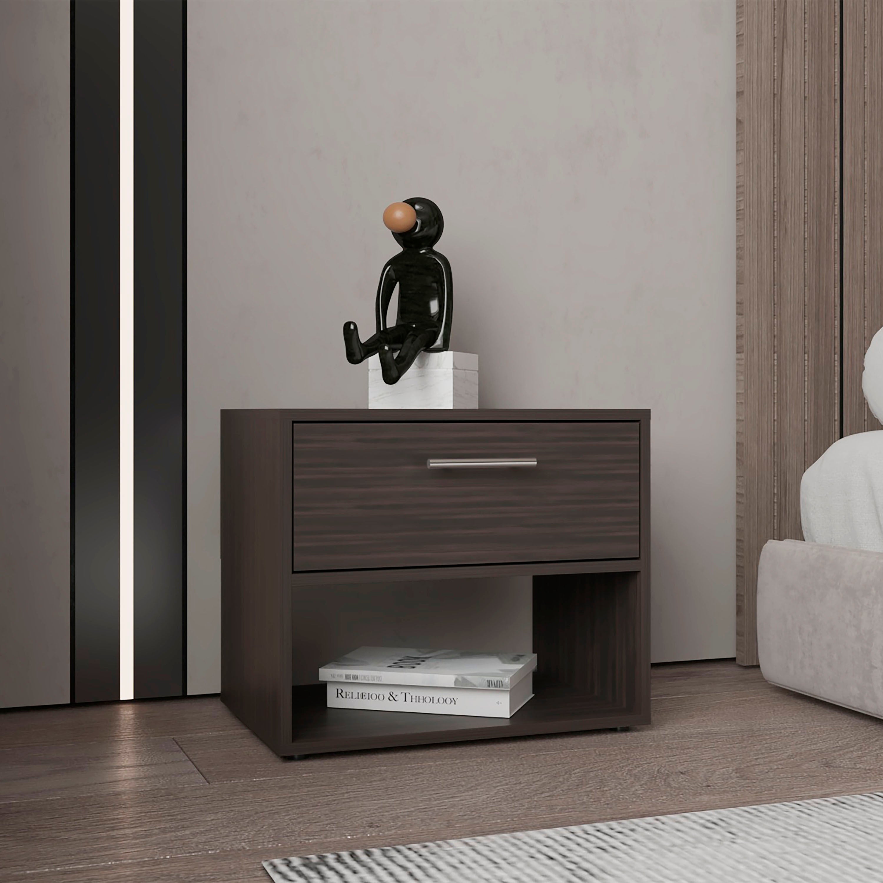Alpine 18' High One Drawer Nightstand with One Shelf, Side Table, End Table For Bedroom, Living Room Dark Walnut
