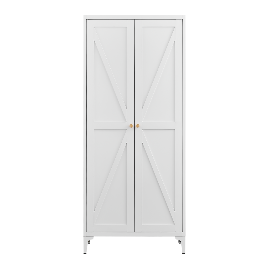 White Metal Adjustable 2-Door Storage Cabinet with Powder-Coated Steel, Striped Design, Gold Handles, 4 Adjustable Shelves for Kitchen, Living Room, Dining Room, Office