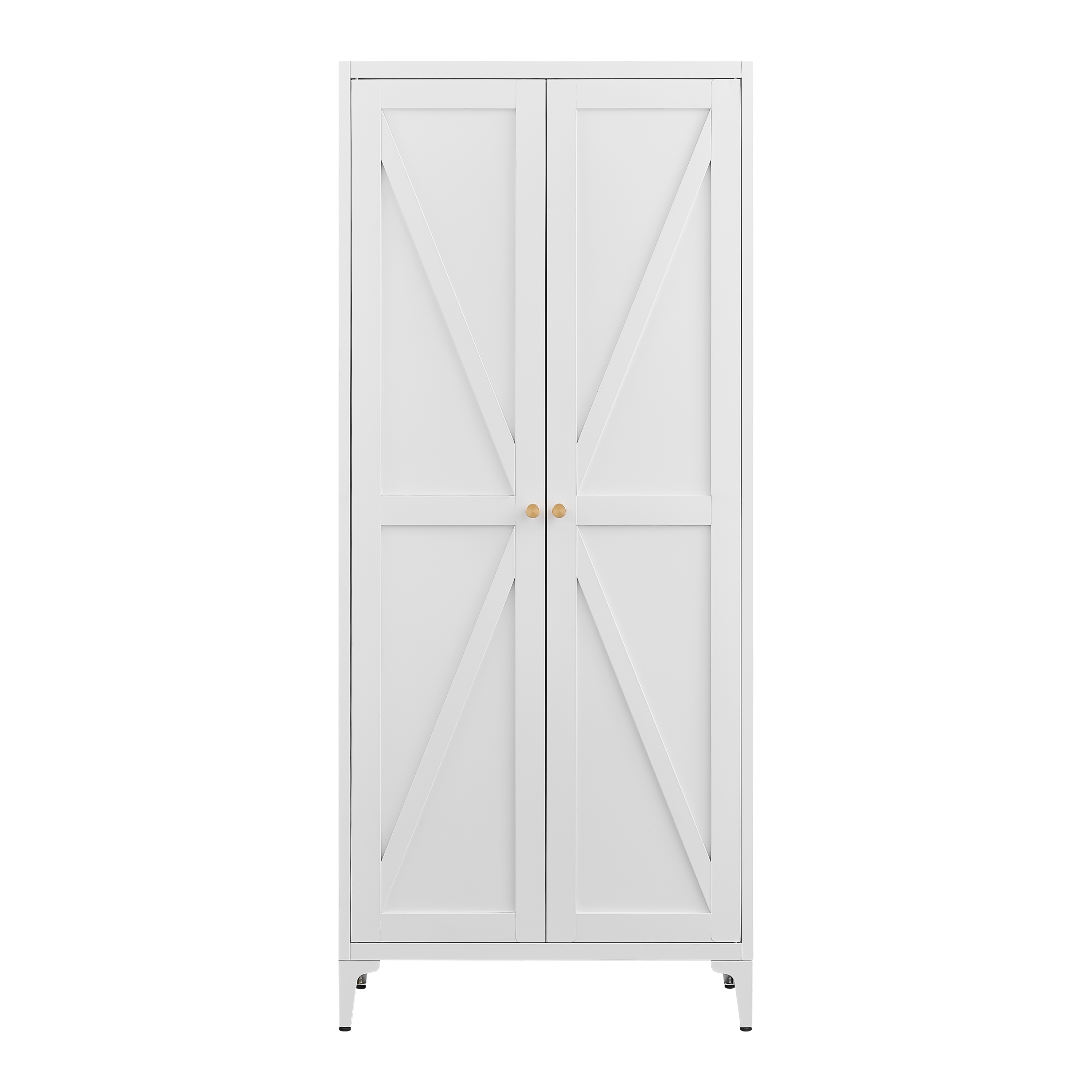 White Metal Adjustable 2-Door Storage Cabinet with Powder-Coated Steel, Striped Design, Gold Handles, 4 Adjustable Shelves for Kitchen, Living Room, Dining Room, Office