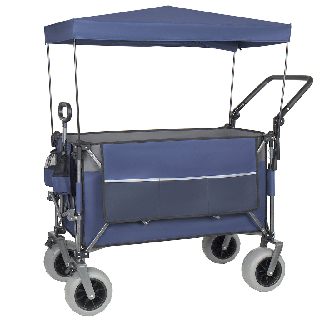 Multi-Functional Push-Pull Folding Wagon Cart with Rotating Handle & Canopy, 9'x4' Beach Tires for Camping & Beach, Load Capacity 480lbs, 300L Large Capacity for Transport, Groceries, Outdoor Use
