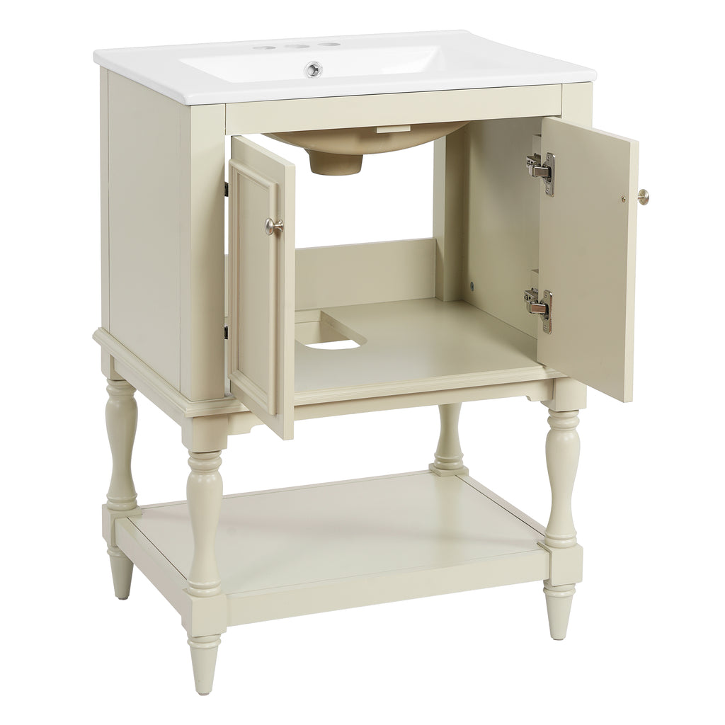 Modern Luxury Bathroom Vanity with Ceramic Sink in Beige, Rectangular Cabinet with Open Shelf and Closed Storage, Solid Wood+MDF Frame and Glossy Ceramic Basin