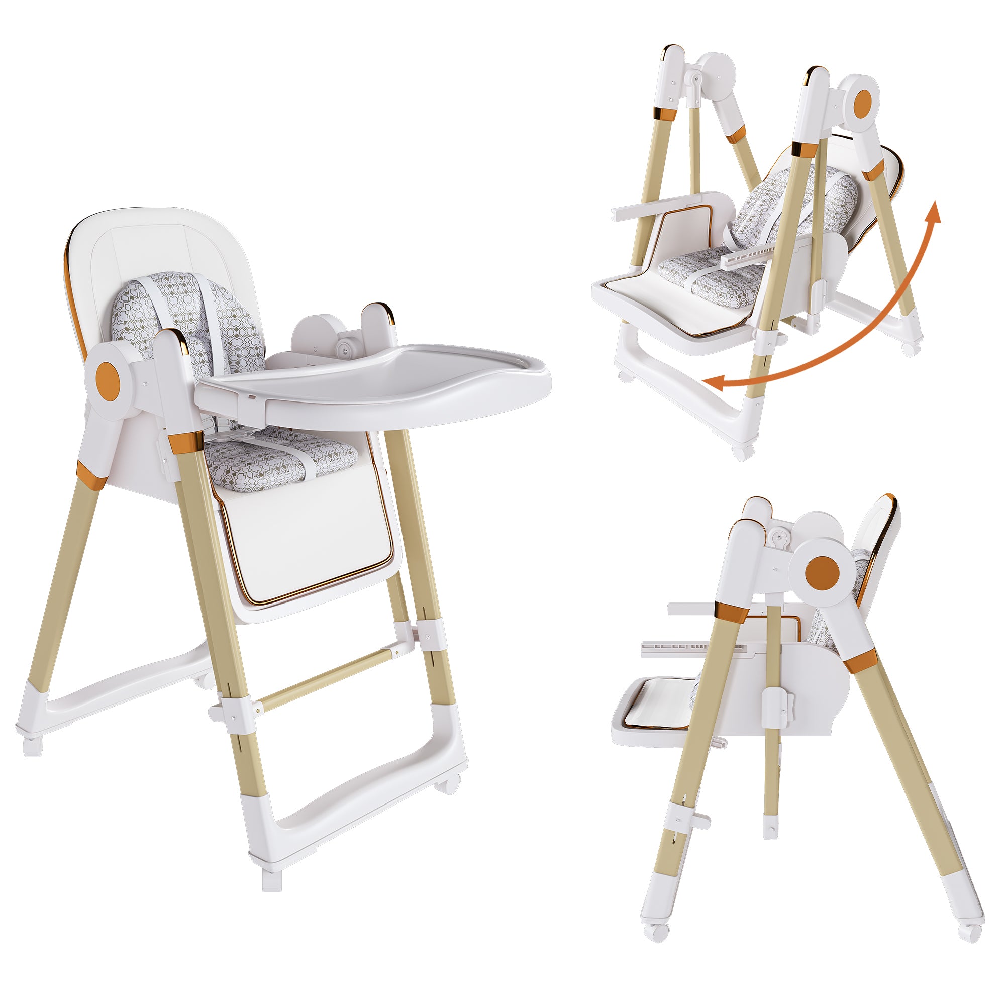 Convertible Baby High Chair to Rocker with 5-Point Harness, Foldable Infant Feeding Chair with Silent Locking Wheels & Removable 2-Tier Easy-Clean Tray for 6M-3Yrs (White)