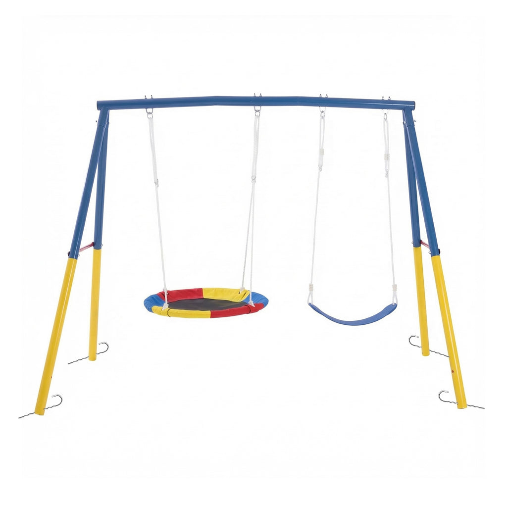 Swing Set for Backyard, 330lbs Swing Set with Heavy-Duty A-Frame Metal Outdoor Swing Stand, 1 Saucer Swing Seat & 1 Belt Swings Seat