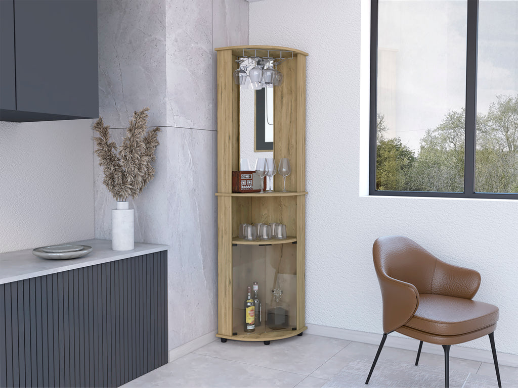 Chicago 75' H Mirrored Corner Bar Cabinet, With Glass Doors, Two Shelves and Stemware