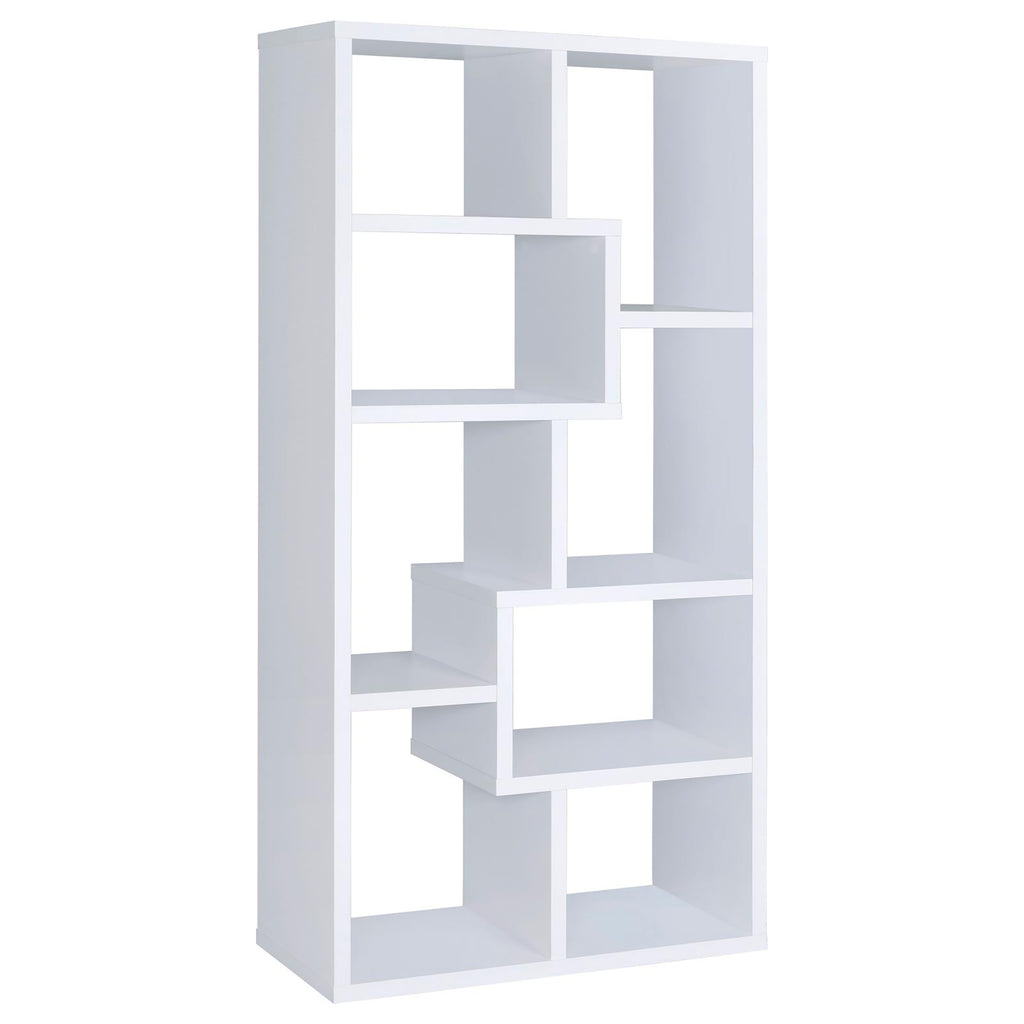 8-Shelf White Geometric Bookcase with Durable MDF and Laminate Construction, 70.75in H x 35in W x 11.75in D