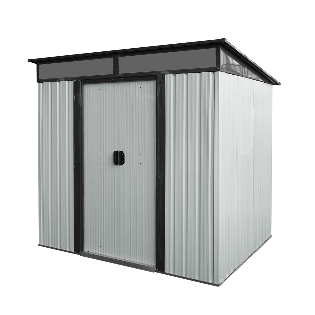 Outdoor Metal Storage Shed with Lockable Sliding Doors and Transparent Panels in White and Black, 6ft x 5ft, Iron