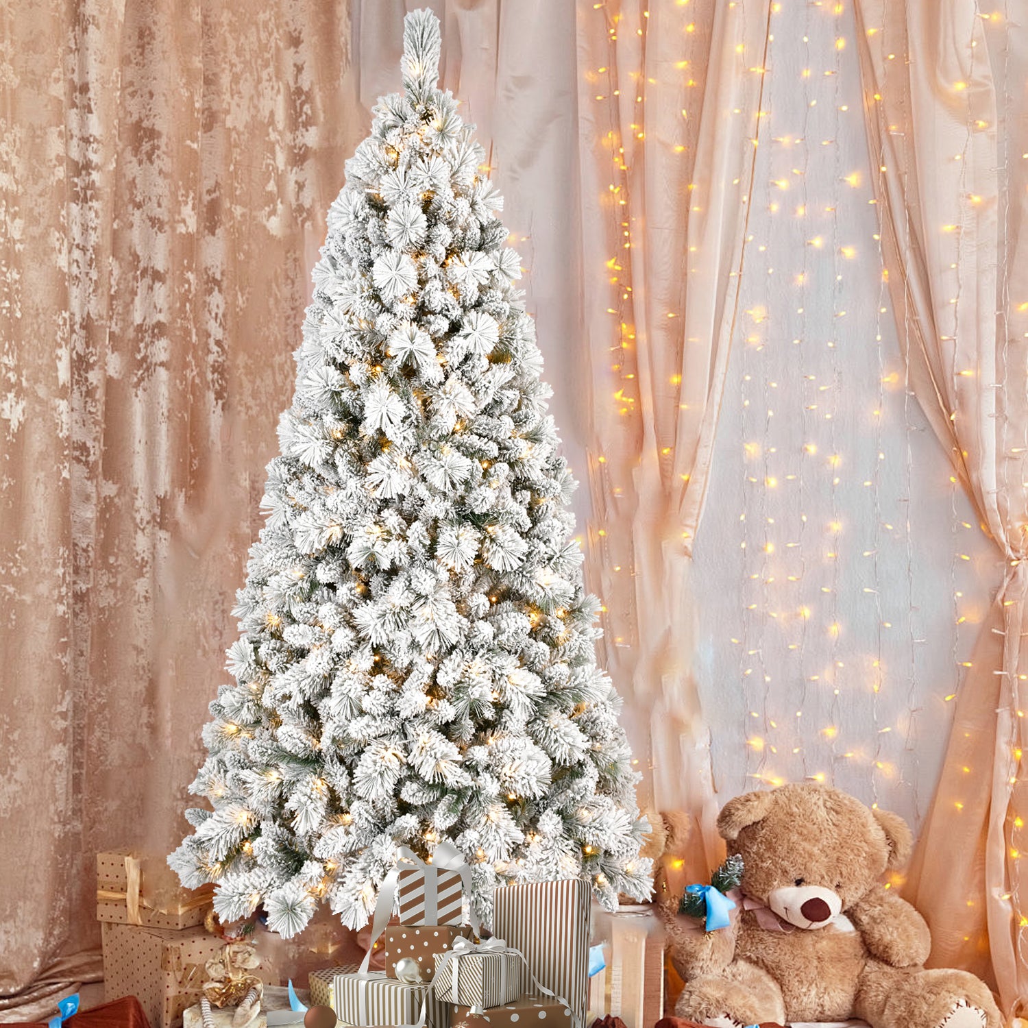7FT Flocked Christmas Tree with 450 Warm White LED Lights – 1060 Tips, Snowy PVC & Hard Needle Branches, Hinged Design for Easy Setup, Sturdy Metal Stand – Full & Realistic Holiday Tree