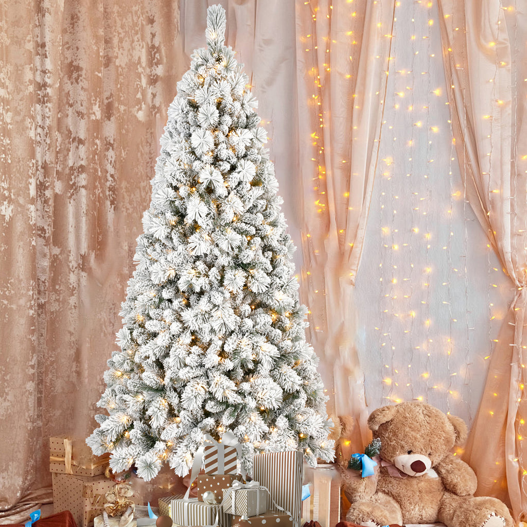 8FT Flocked Christmas Tree with 600 Warm White LED Lights – 1445 Tips, Snowy PVC & Hard Needle Branches, Hinged Design for Easy Setup, Sturdy Metal Stand – Full & Realistic Holiday Tree