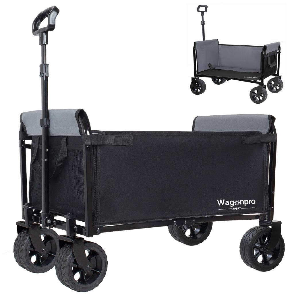 Upgraded 5*2' Wide Wheels, All-in-One Convertible Folding Trolley with Full-Side Opening & Dog Leash, Versatile Seating & Storage, 220Lbs Capacity for Camping, Beach, Shopping, Black