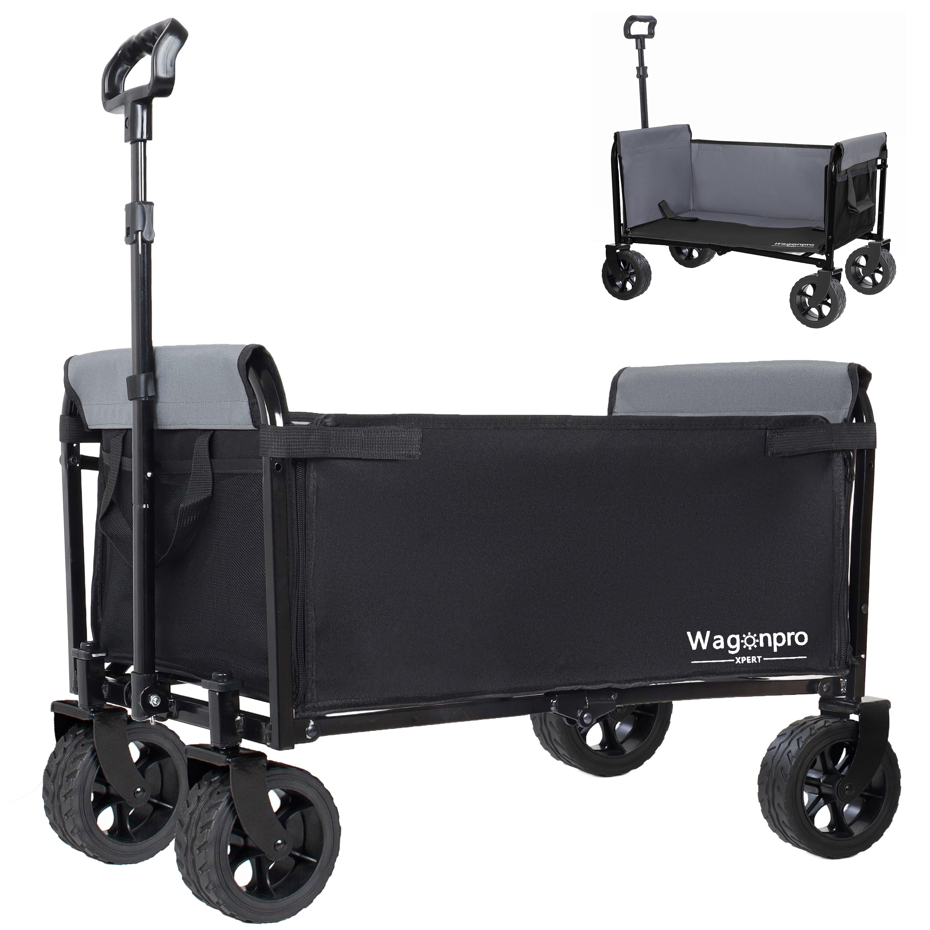 Upgraded 5*2' Wide Wheels, All-in-One Convertible Folding Trolley with Full-Side Opening & Dog Leash, Versatile Seating & Storage, 220Lbs Capacity for Camping, Beach, Shopping, Black