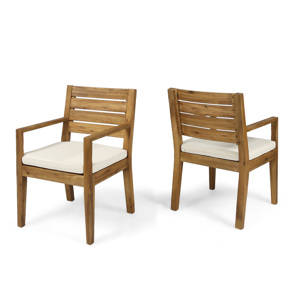Outdoor Dining Chair Set of 2 with Beige Cushions in Sandblast Natural Acacia Wood