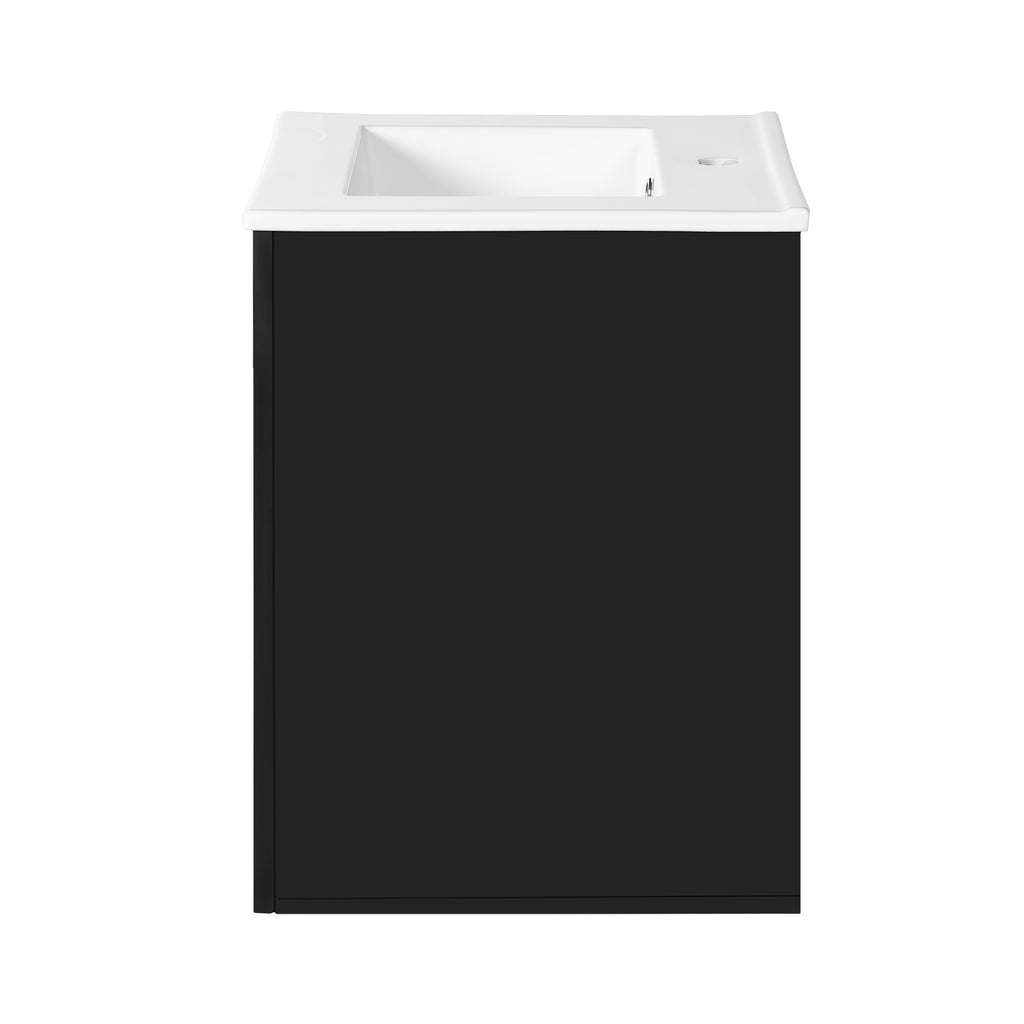 Modern 20' Wall Mounted Bathroom Cabinet with Side Shelf and Ceramic Sink, Black Finish, Solid Wood & MDF Construction