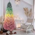 7.5ft Rainbow Gradient Flocked PVC Christmas Tree with 1927 Tips, Colorful Full-Bodied Artificial Pine with Snowy Finish, Hinged Design and Sturdy Metal Stand for Holiday Decoration
