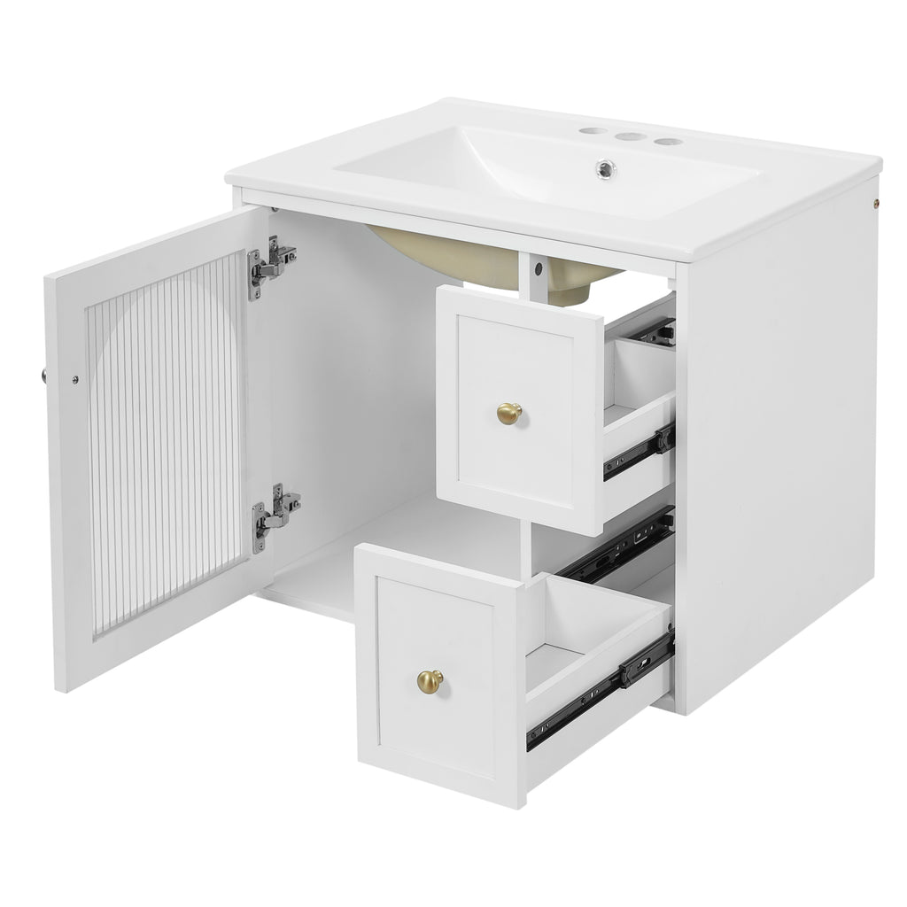 Modern Wall-Mounted Bathroom Vanity Set with Ceramic Sink, White Finish, 24' x 18' x 21.75', MDF+Solid Wood+Glass Construction