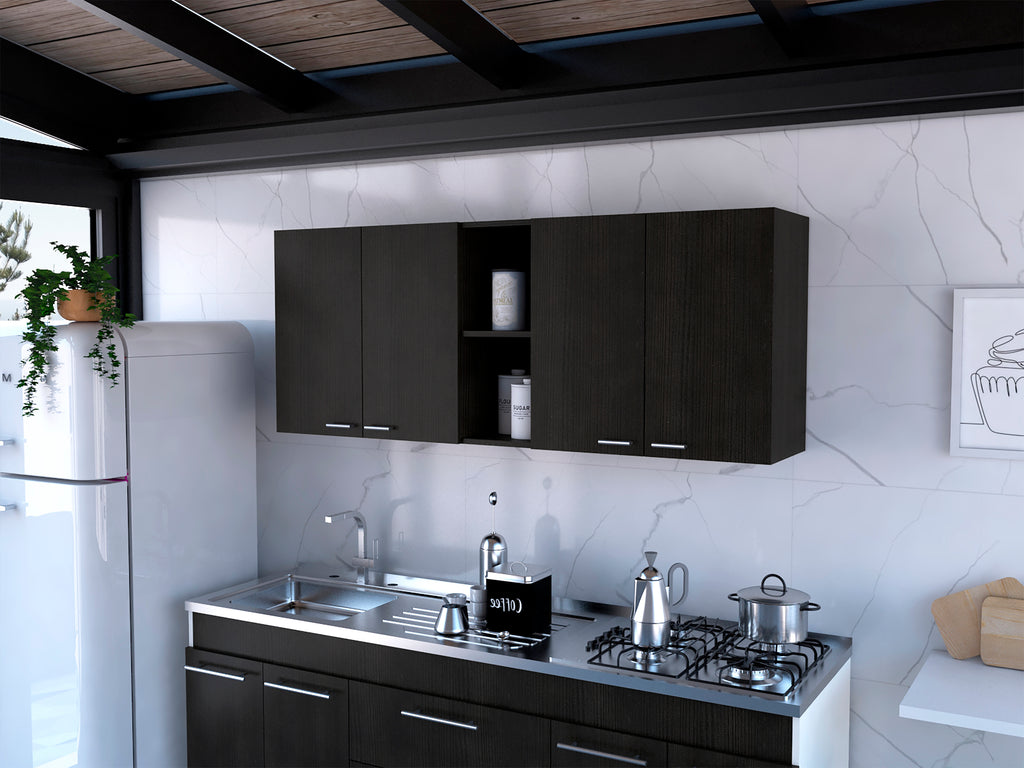 Portofino 150 Wall Cabinet,  Double Door, Two External Shelves, Two Interior Shelves -Black