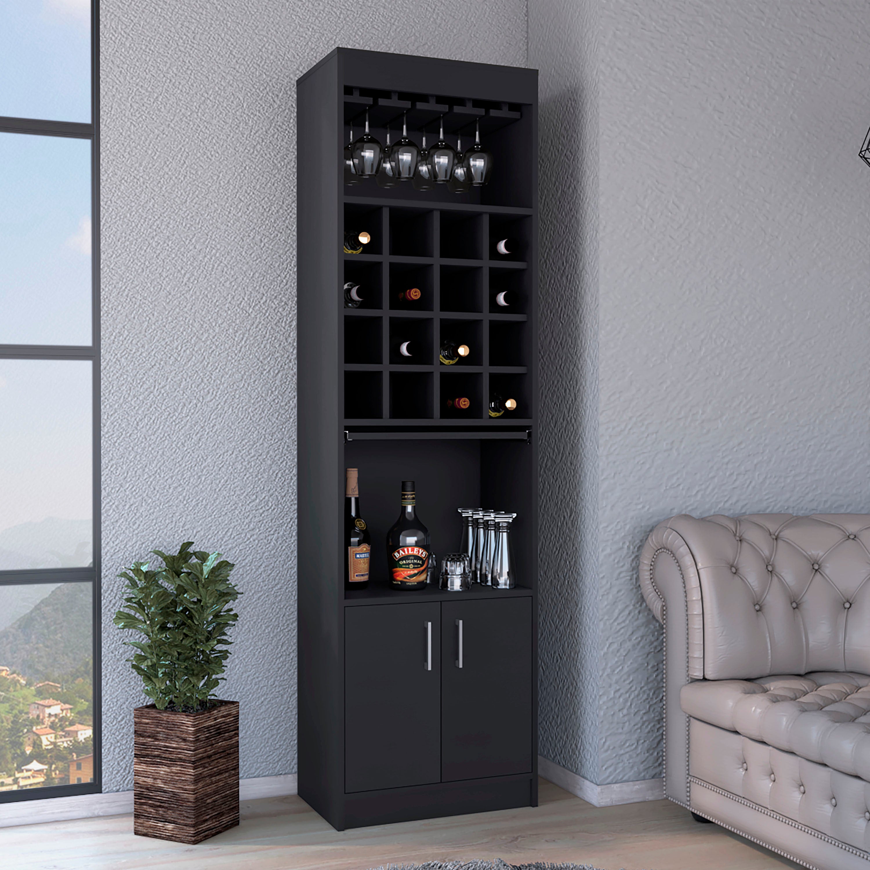 Being Kava Bar Cabinet, Double Door, Two Shelves, Sixteen Built-in Wine Rack -Black