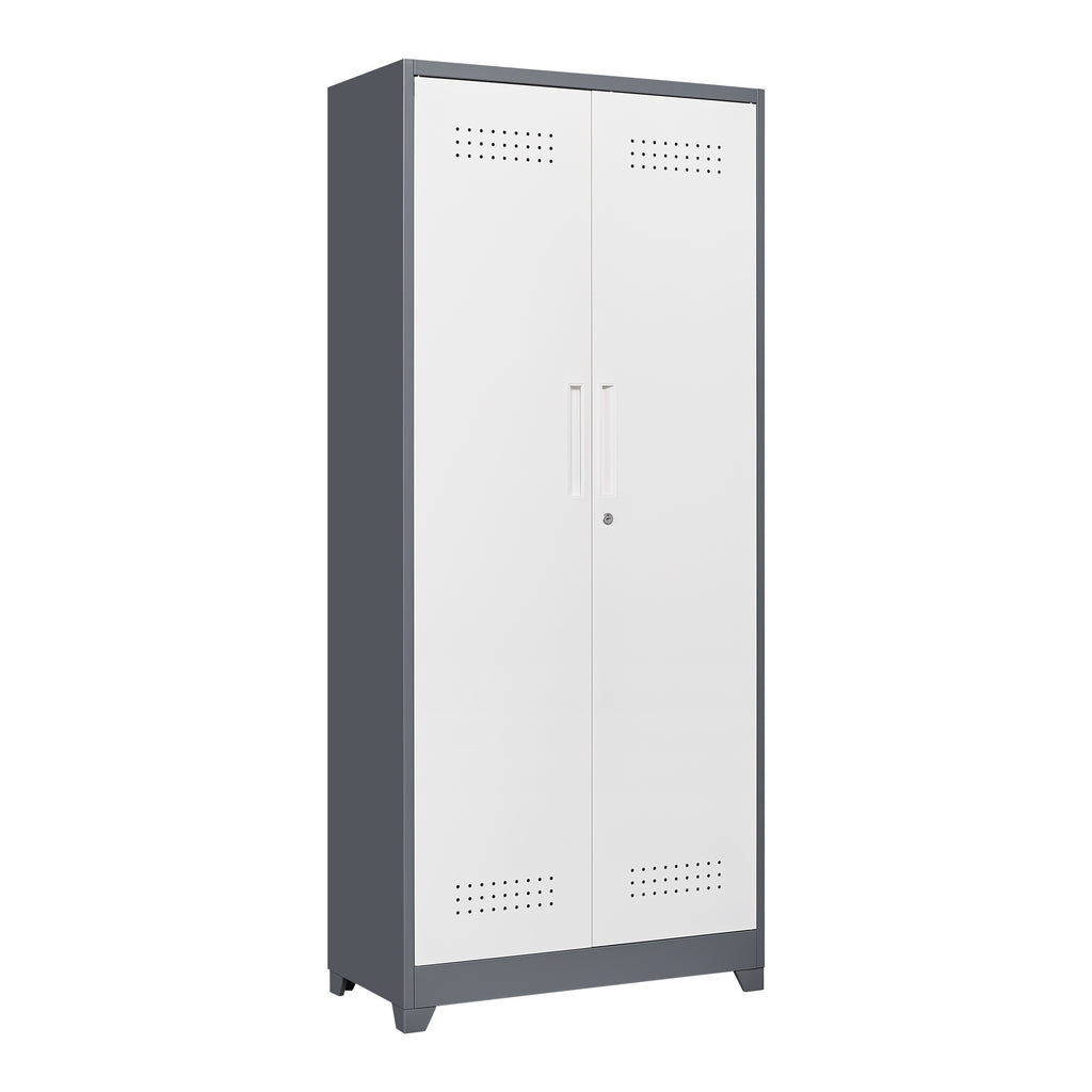 Gray Metal Lockers with Locking Doors, Adjustable Shelves, High Broom Tool Storage Cabinet, 72-Inch Kitchen, Office, Shop Organizer in Grey+White Metal