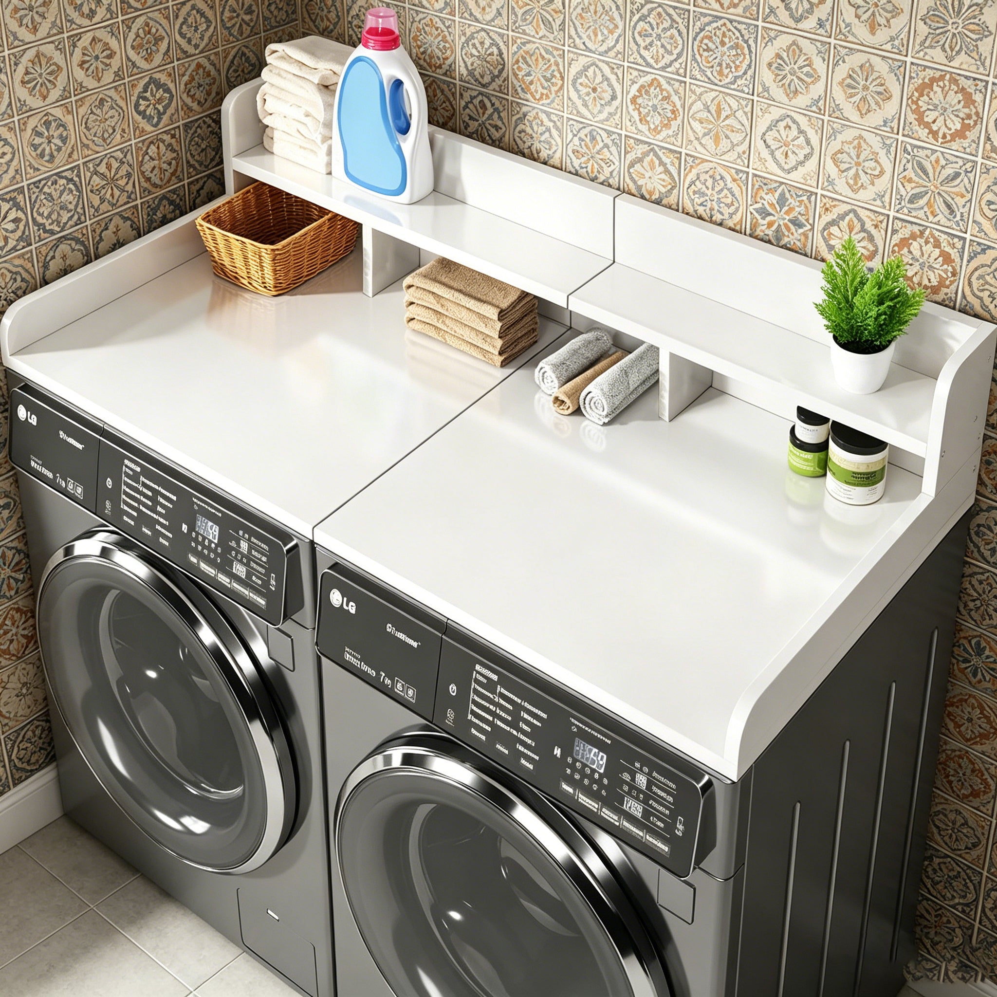 (58' Width x 28' Depth) Washer Dryer Countertop with Non-slip Pads, Laundry Wood Shelf Topper with Edge, Double Layer Organizer for Washer and Dryer Laundry Hamper Counter Storage Organization (WHITE)