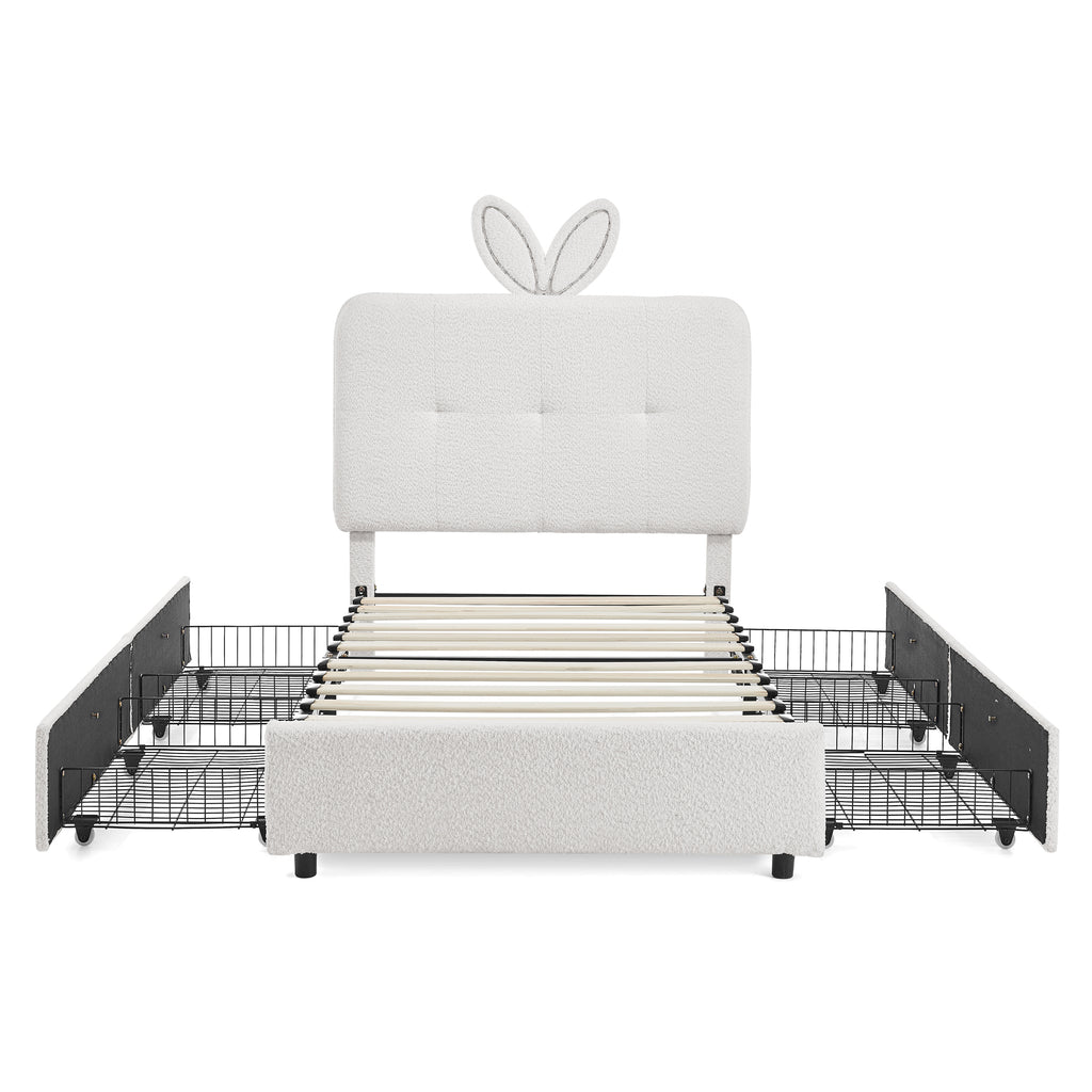 Kids Twin Upholstered Bed with Oversized Rabbit Ear Headboard, LED Light & 4 Storage Drawers in Beige Boucle Fabric, 79.5''X40.75''X41''