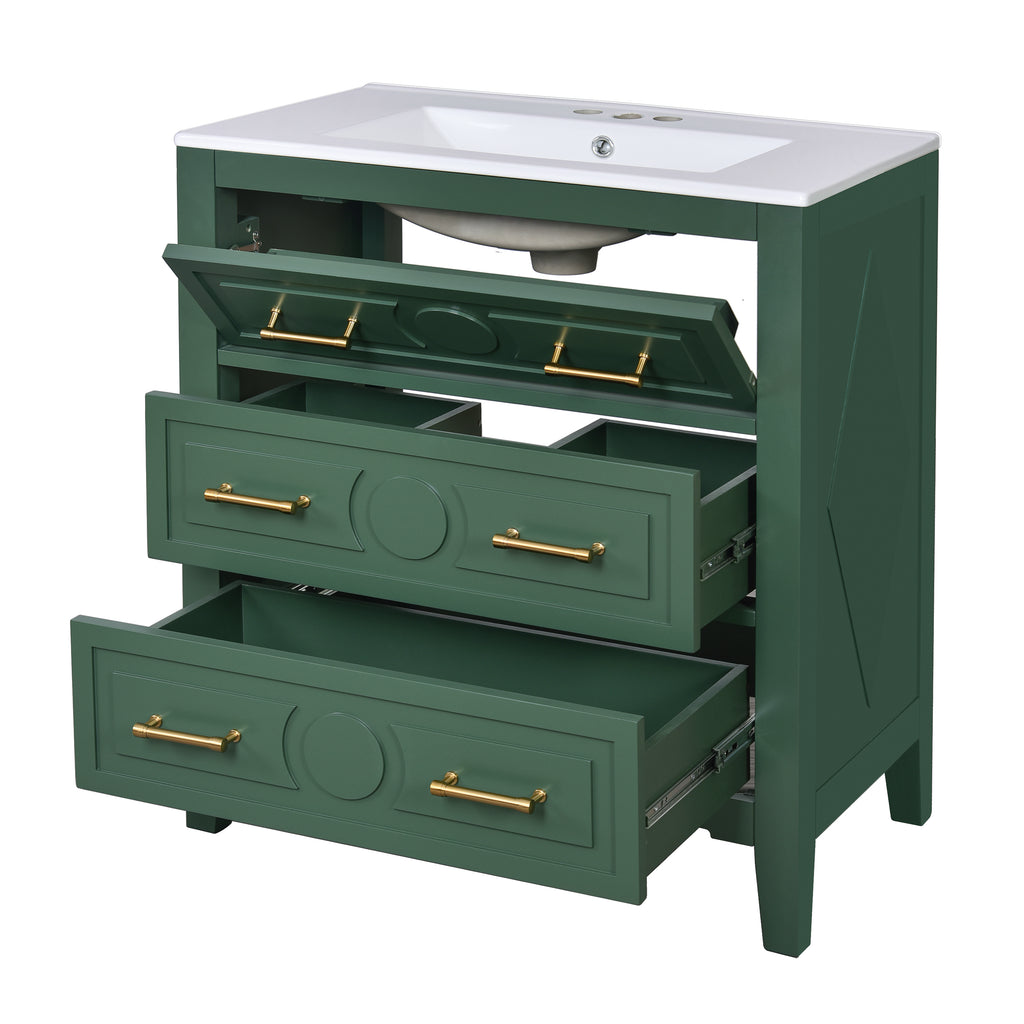 Retro Green Bathroom Vanity with Ceramic Sink, Free Standing Single Unit, 3 Drawer Storage Cabinet, Solid Wood Frame, 30''