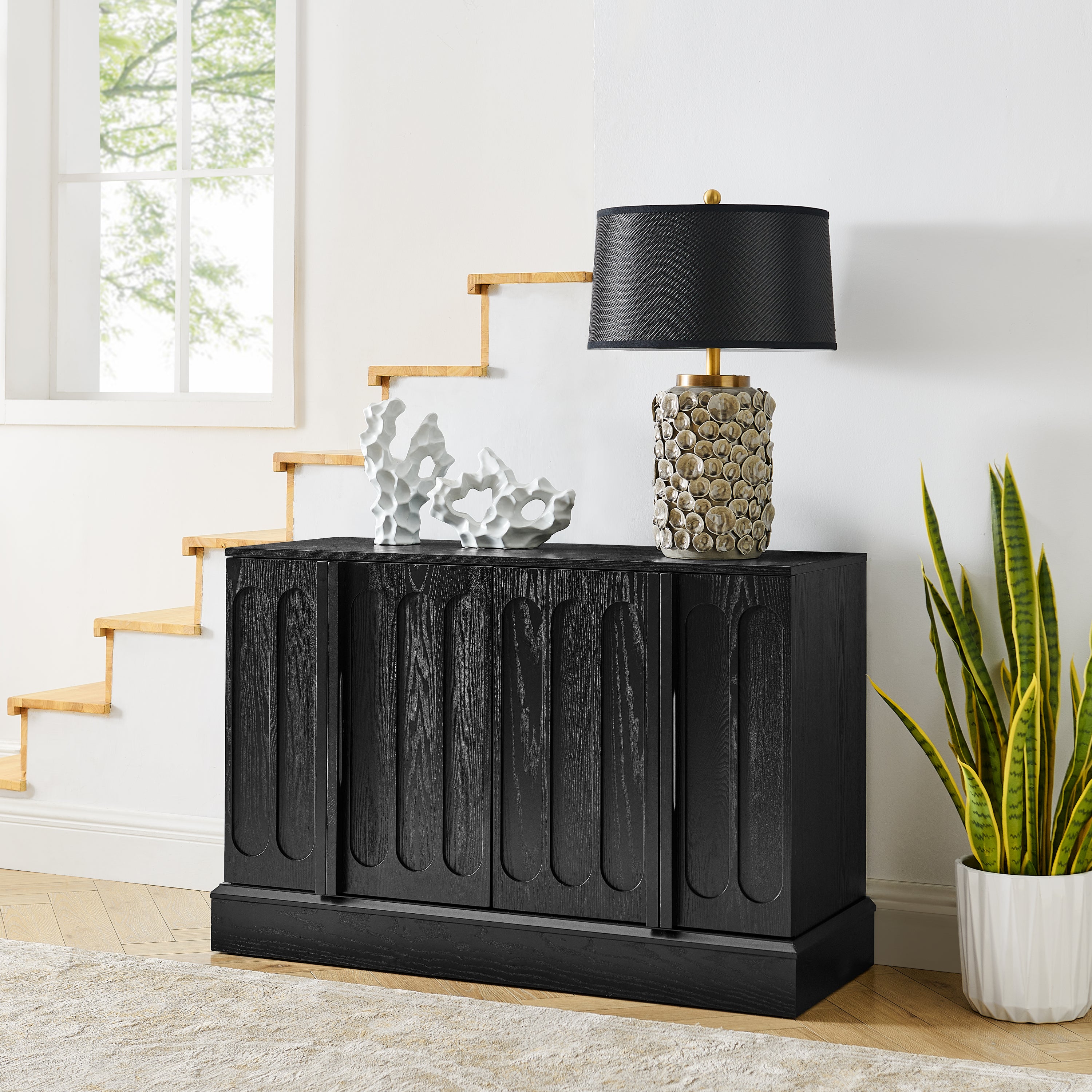 Mid Century Modern Fluted Sideboard Cabinet with Adjustable Shelves & Sturdy Base, Buffet Cabinet with Storage, Storage Cabinet for Living Room Entryway Hallway Dining Room Kitchen, Black