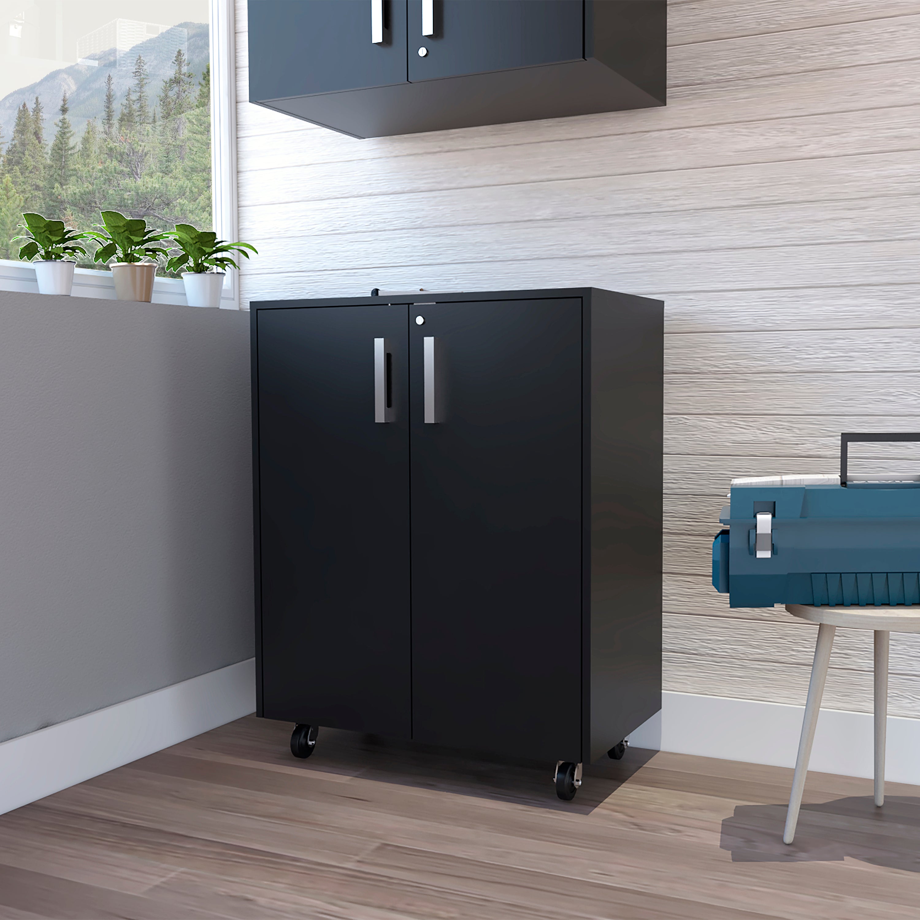 Double Door 27.5' Base Cabinet, With Casters, Two Interior Shelves and lock -Black