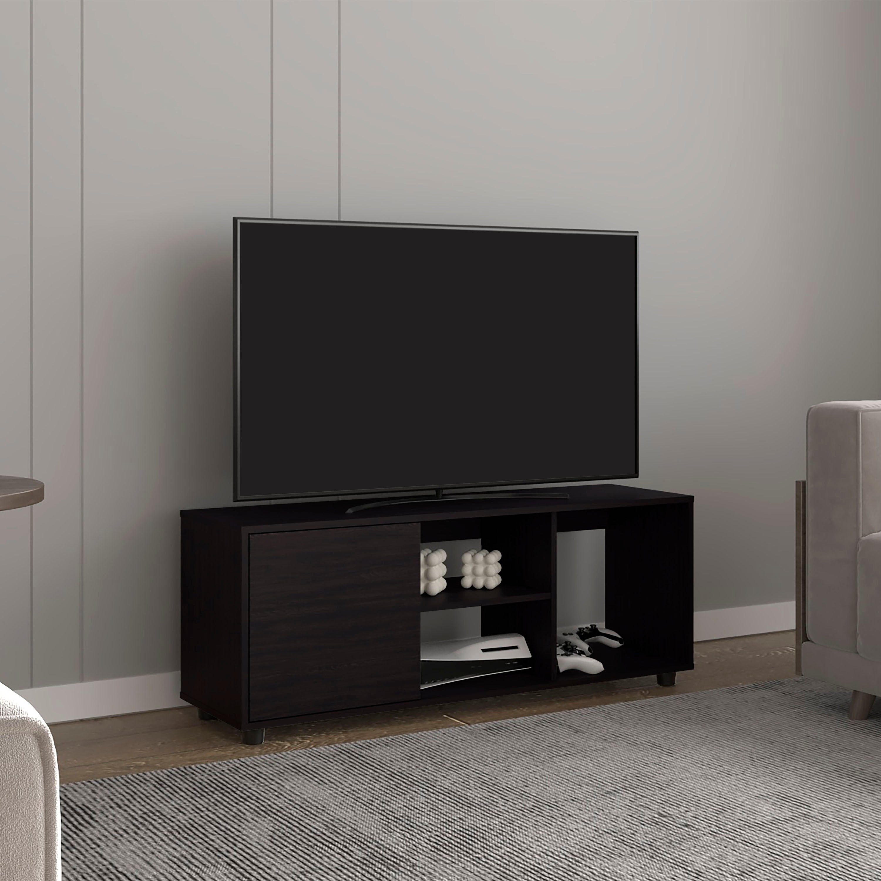 Adel 51' Wide Tv Stand with One Door Cabinet , Four Open Shelves, Cable Management, Living Room, Tv Room Black