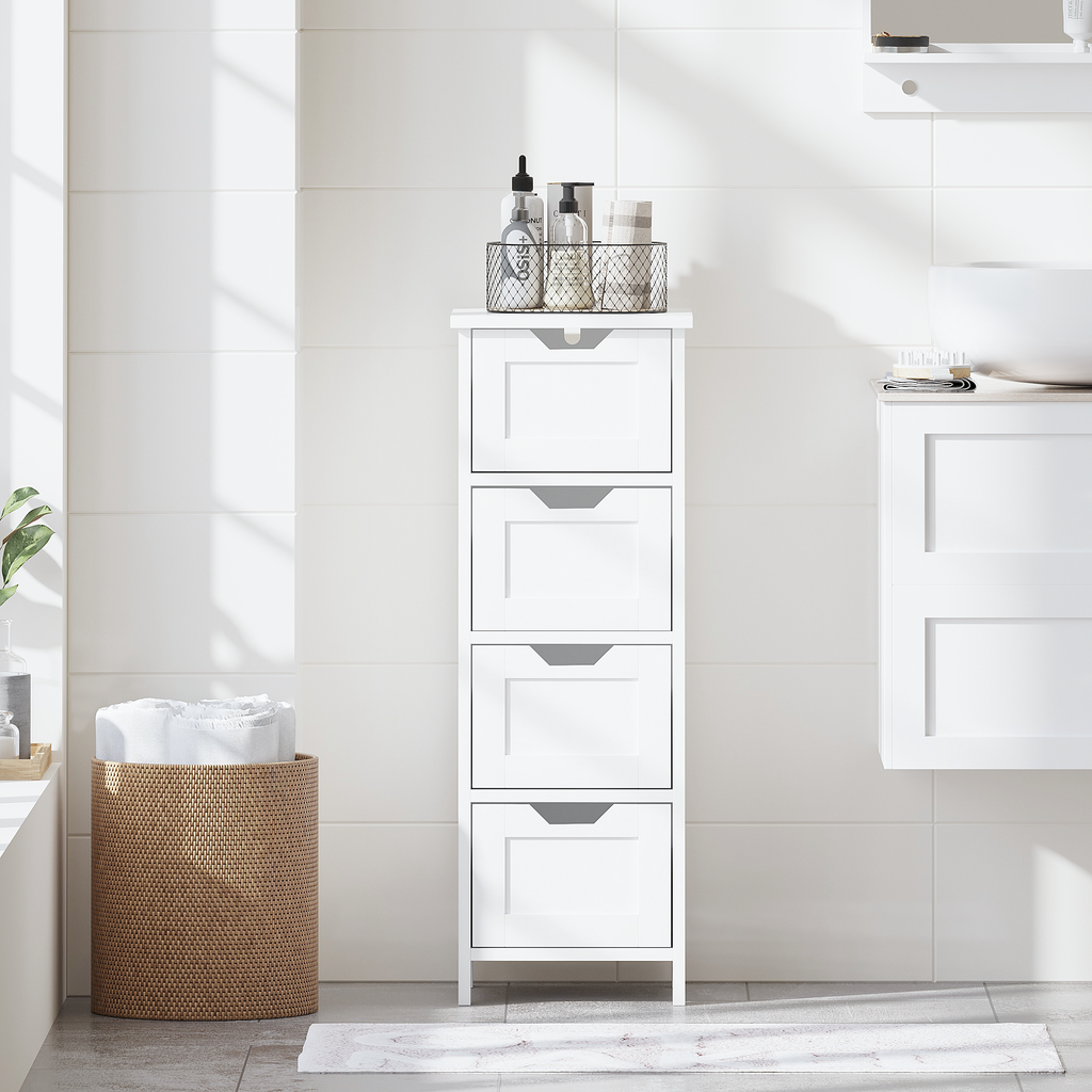 Bathroom Floor Cabinet with 4 Drawers, Freestanding Wooden Storage Organizer for Bathroom, Hallway or Living Room, Narrow White Side Cabinet with Space-Saving Vertical Design, White