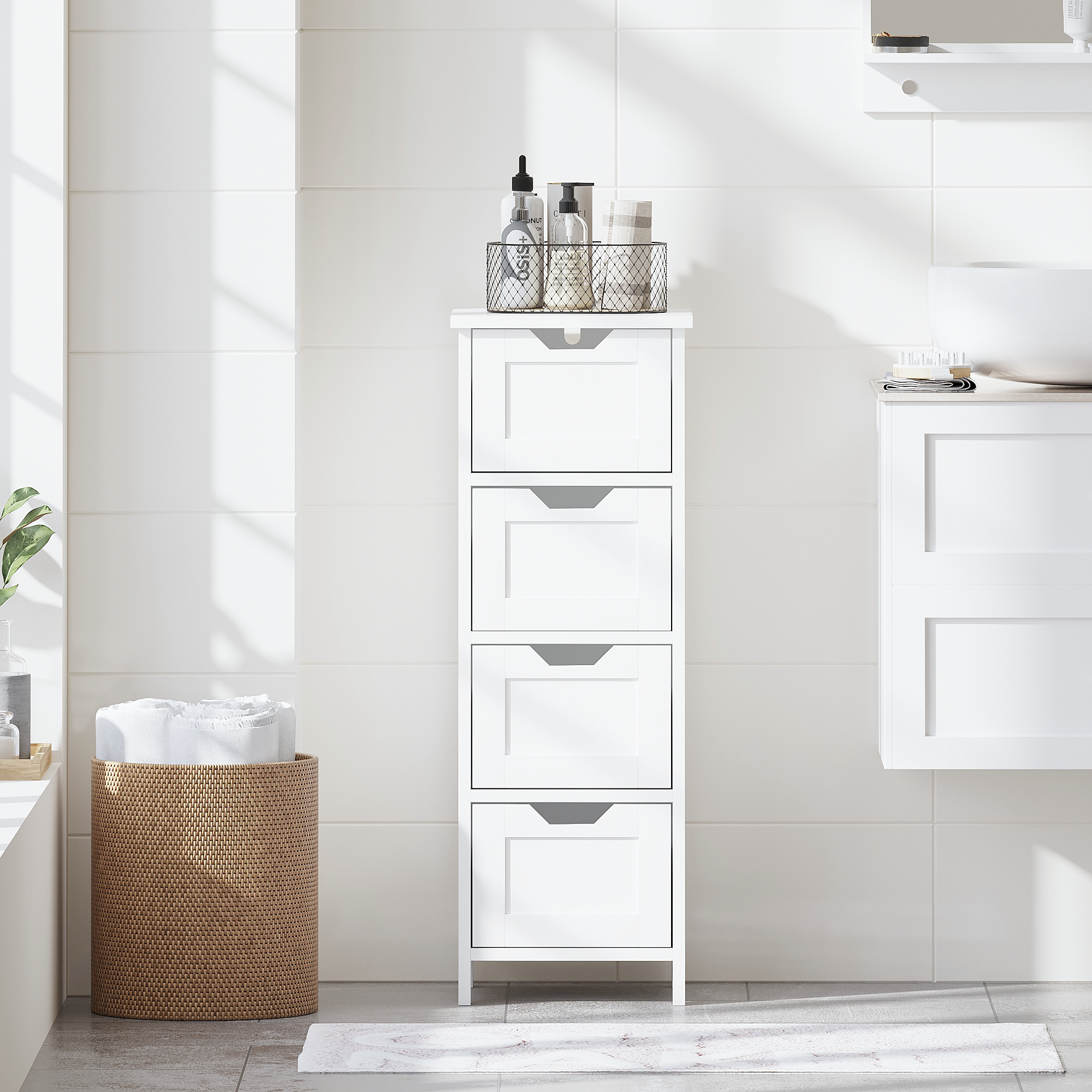 Bathroom Floor Cabinet with 4 Drawers, Freestanding Wooden Storage Organizer for Bathroom, Hallway or Living Room, Narrow White Side Cabinet with Space-Saving Vertical Design, White