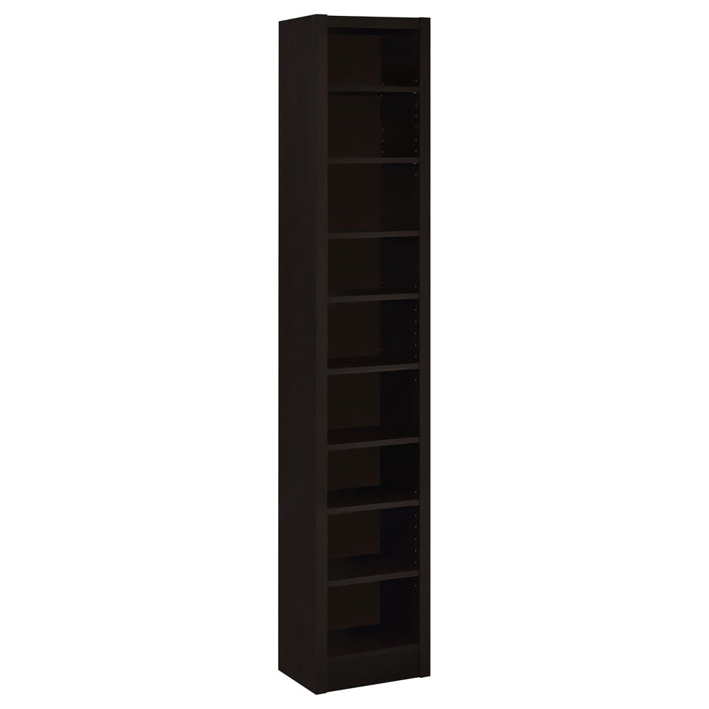 Cappuccino Rectangular Bookcase: Tall Slim Storage with 9 Shelves, Dark Brown Finish, Wood Veneer & MDF Construction