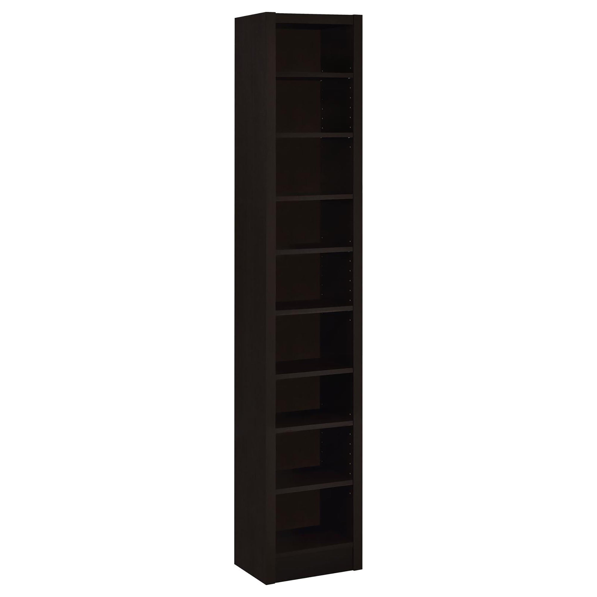 Cappuccino Rectangular Bookcase: Tall Slim Storage with 9 Shelves, Dark Brown Finish, Wood Veneer & MDF Construction