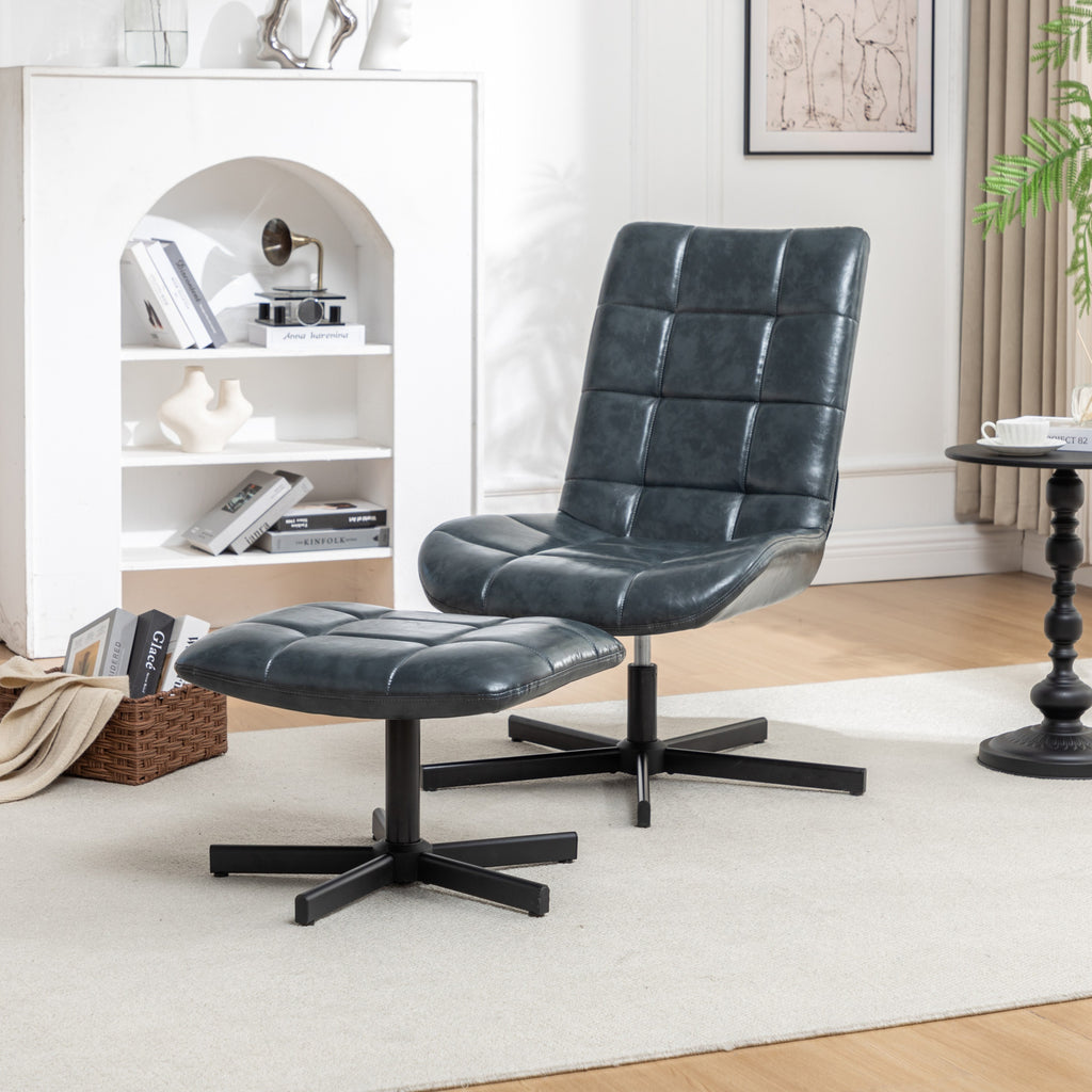 Roundhill Furniture Arlena 2-Piece Seating Set, Faux Leather Tufted Accent Chair and Ottoman, Blue