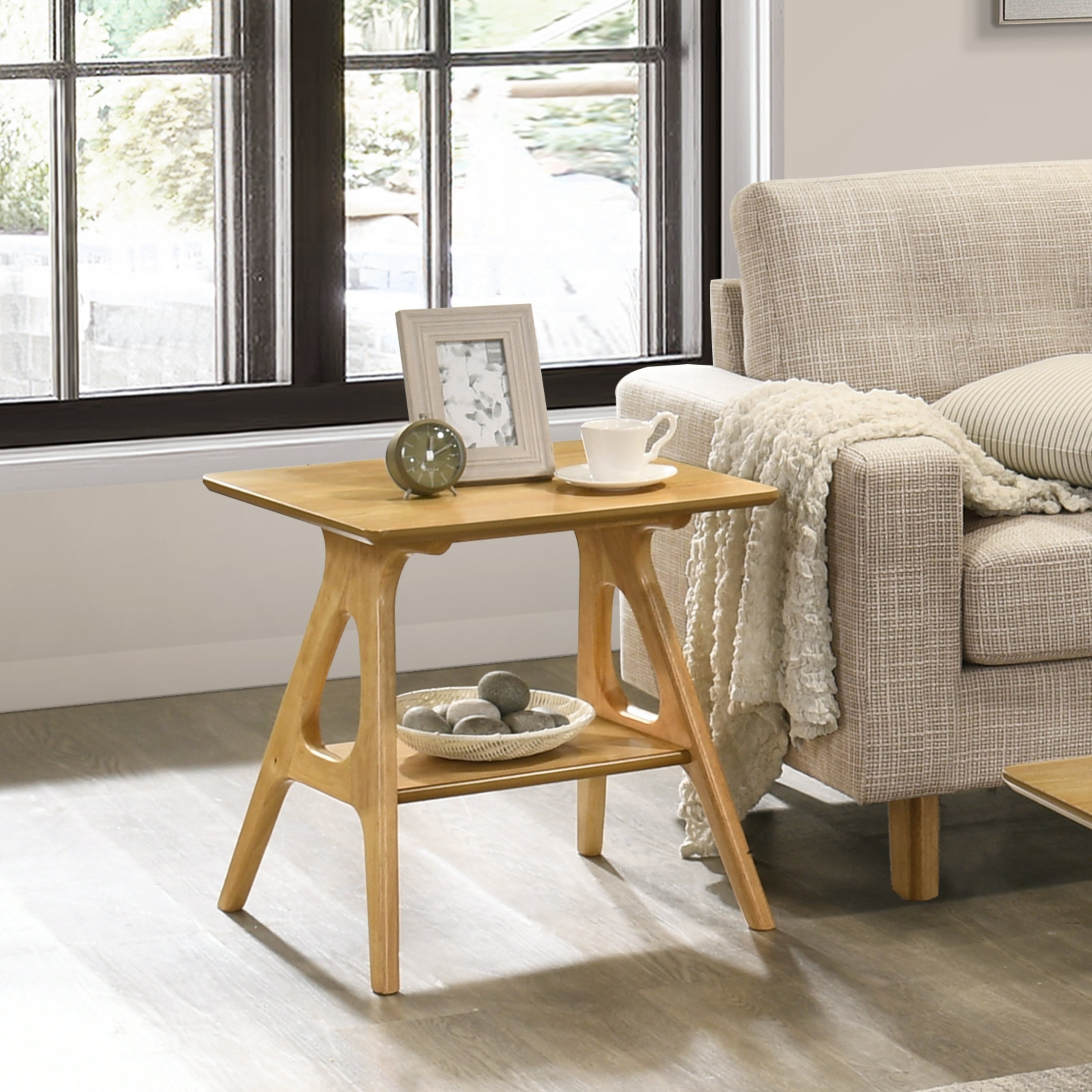 Arona Mid-Century Modern Wood Shelf End Table, Natural Oak Finish