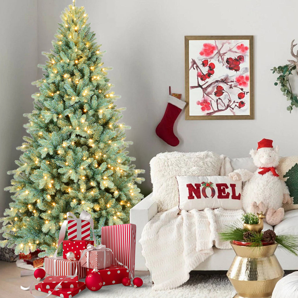 5FT Blue-Green Tint PE/PVC Christmas Tree with 250 Warm White LED Lights – 854 Tips, Hinged Branch Design, Full Natural Look, Metal Stand, Easy Assembly Holiday Decoration