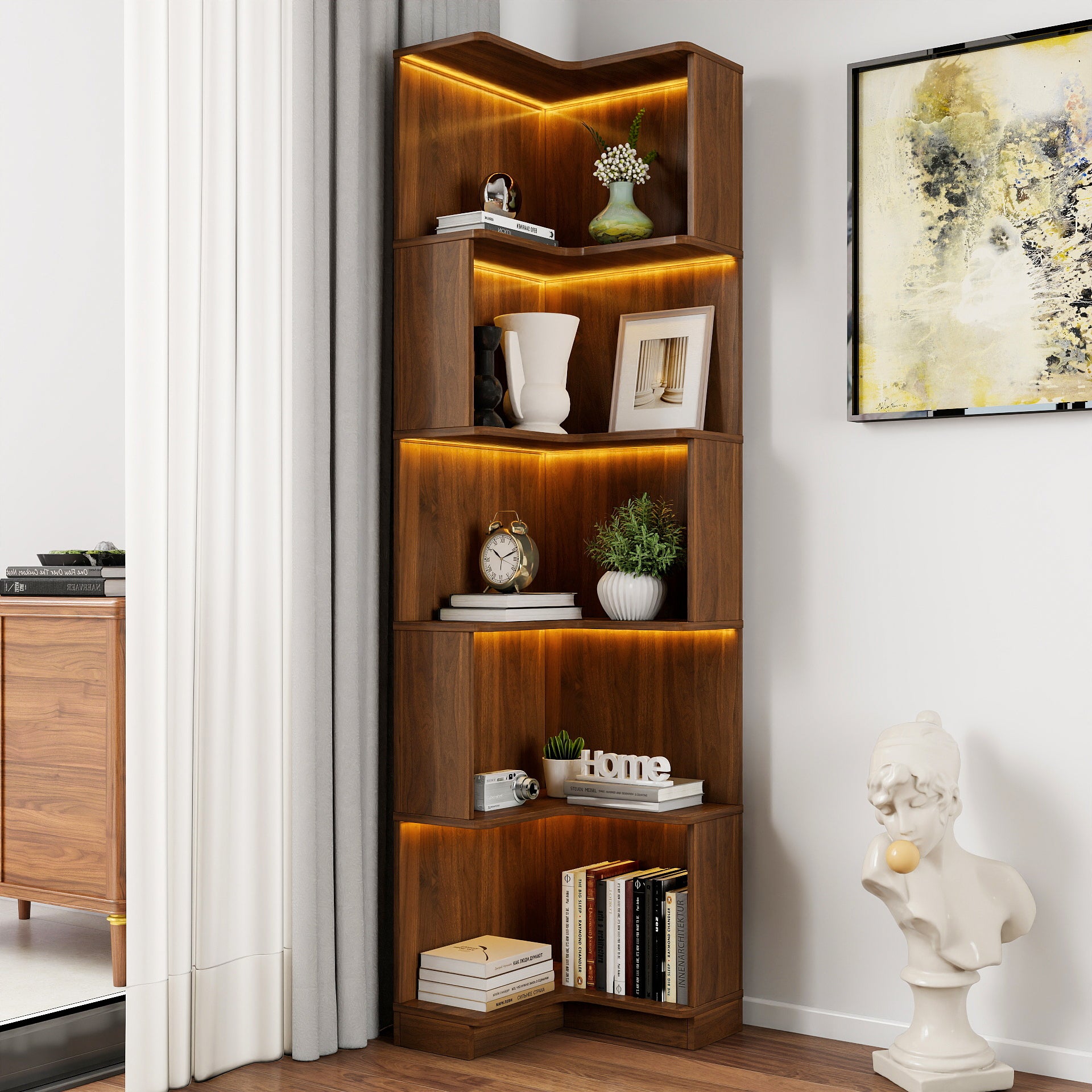 Corner Book Shelf - 5 Tier Corner Bookshelf  Bookcase with Baffle, Freestanding L Shaped Display Shelf Stand with led lights for Home Office, Living Room, Bedroom, Kitchen