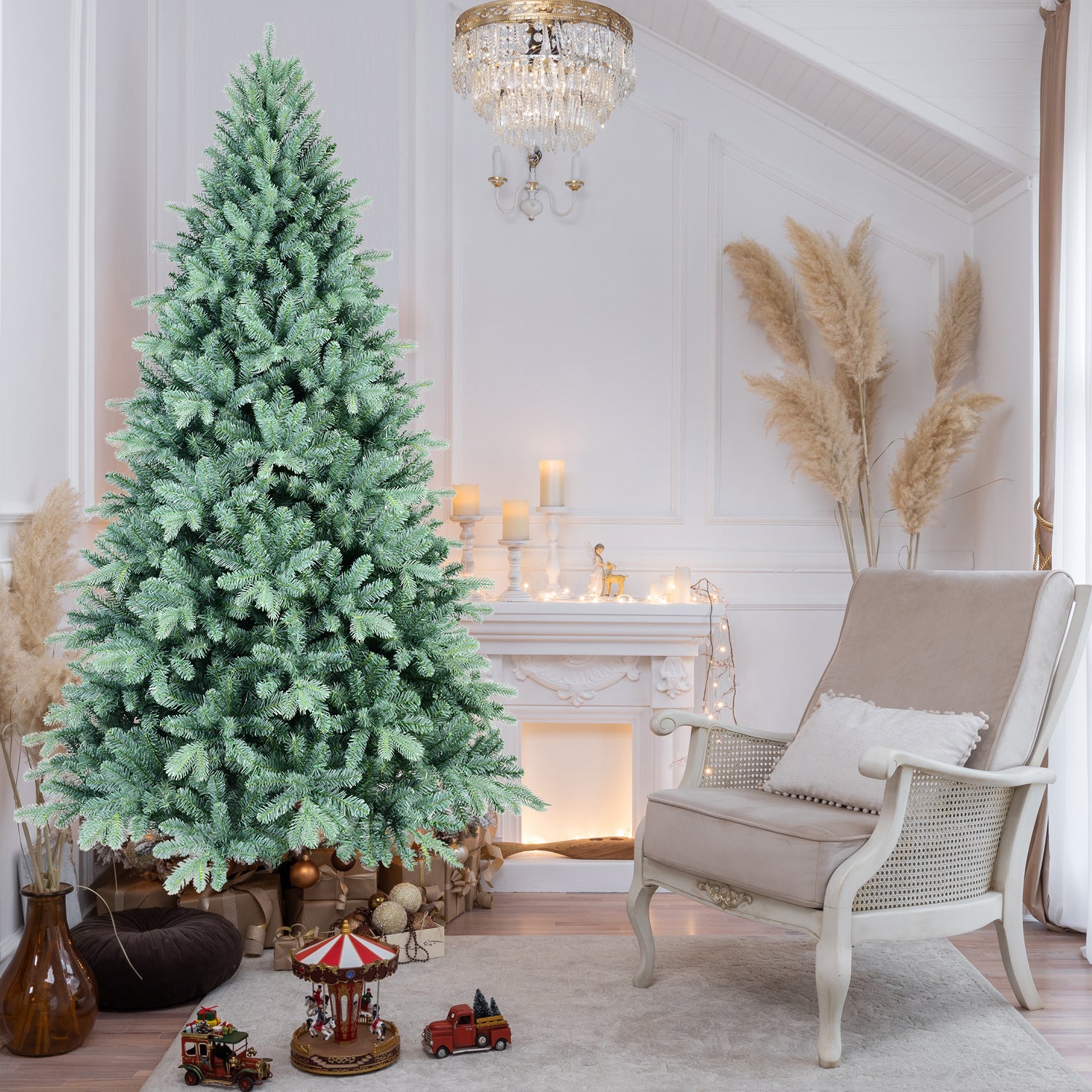 7.5FT Blue-Green Tint PE/PVC Christmas Tree – 2148 Tips, Hinged Branch Design, Full Natural Look, Stable Metal Stand, Easy to Assemble Holiday Decoration