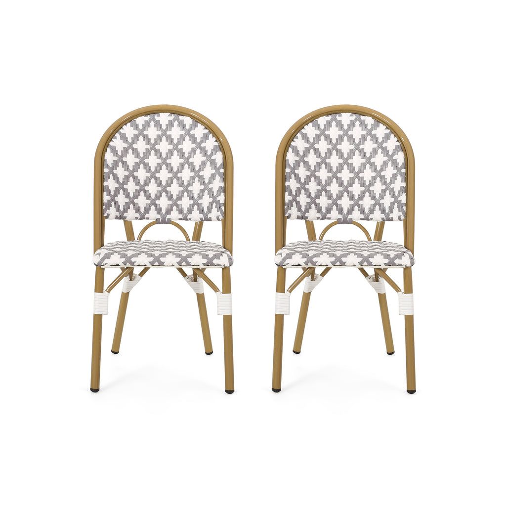 Outdoor PE Rattan and Aluminum French Bistro Chairs Set - Gray & White Bamboo Finish