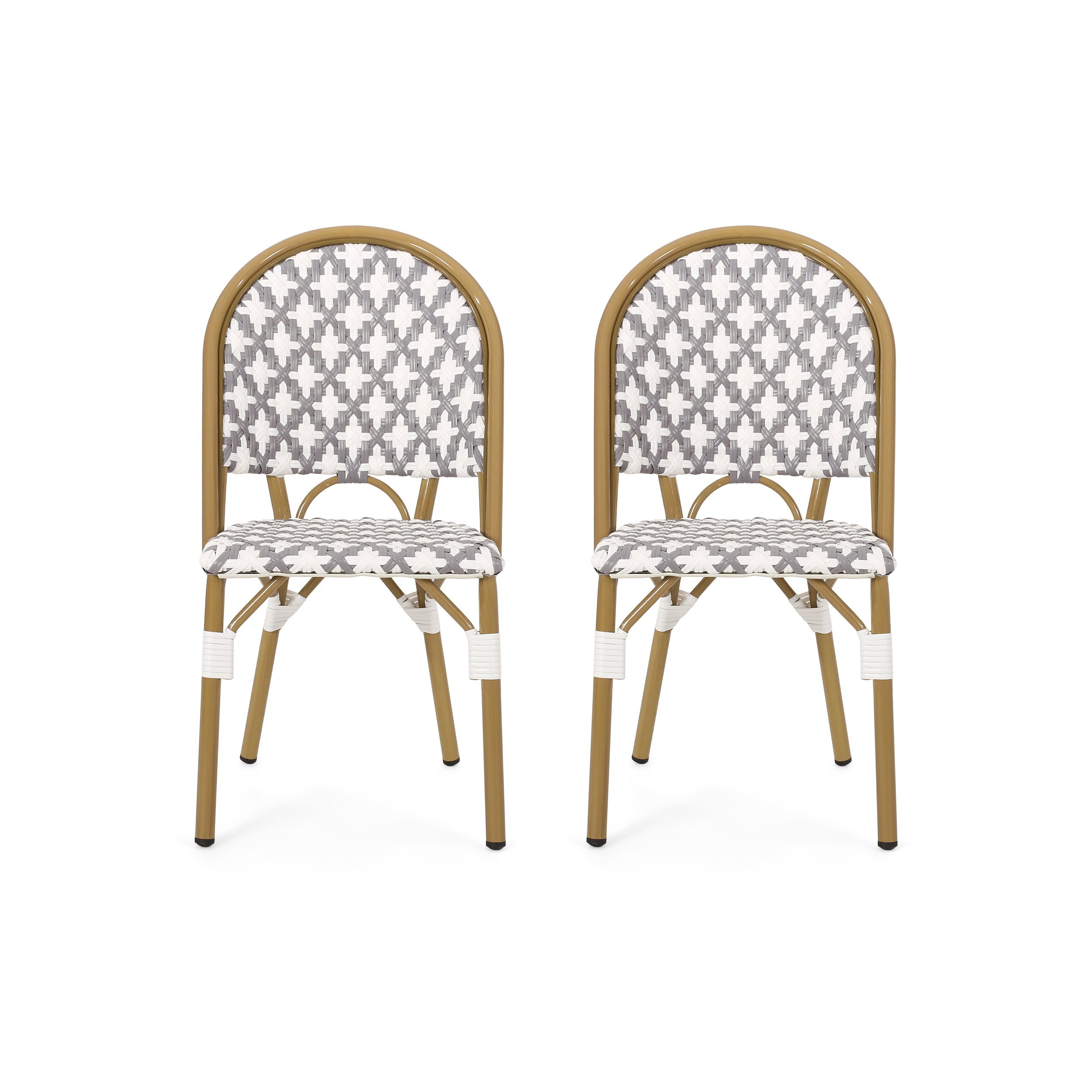 Outdoor PE Rattan and Aluminum French Bistro Chairs Set - Gray & White Bamboo Finish
