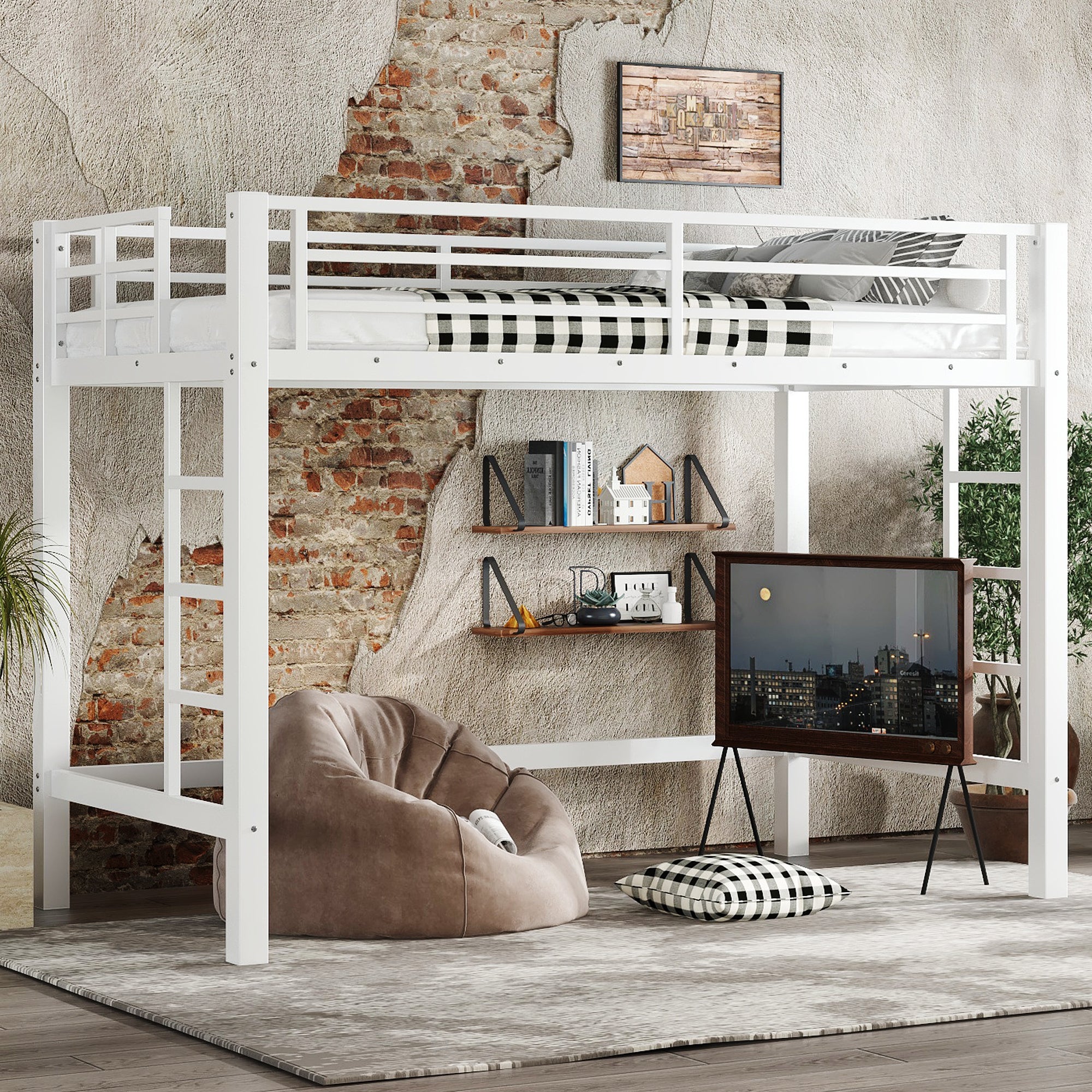 Twin XL Size Metal Loft Bed, Loft Bed with Easy Climbing Ladder and Guardrails , White