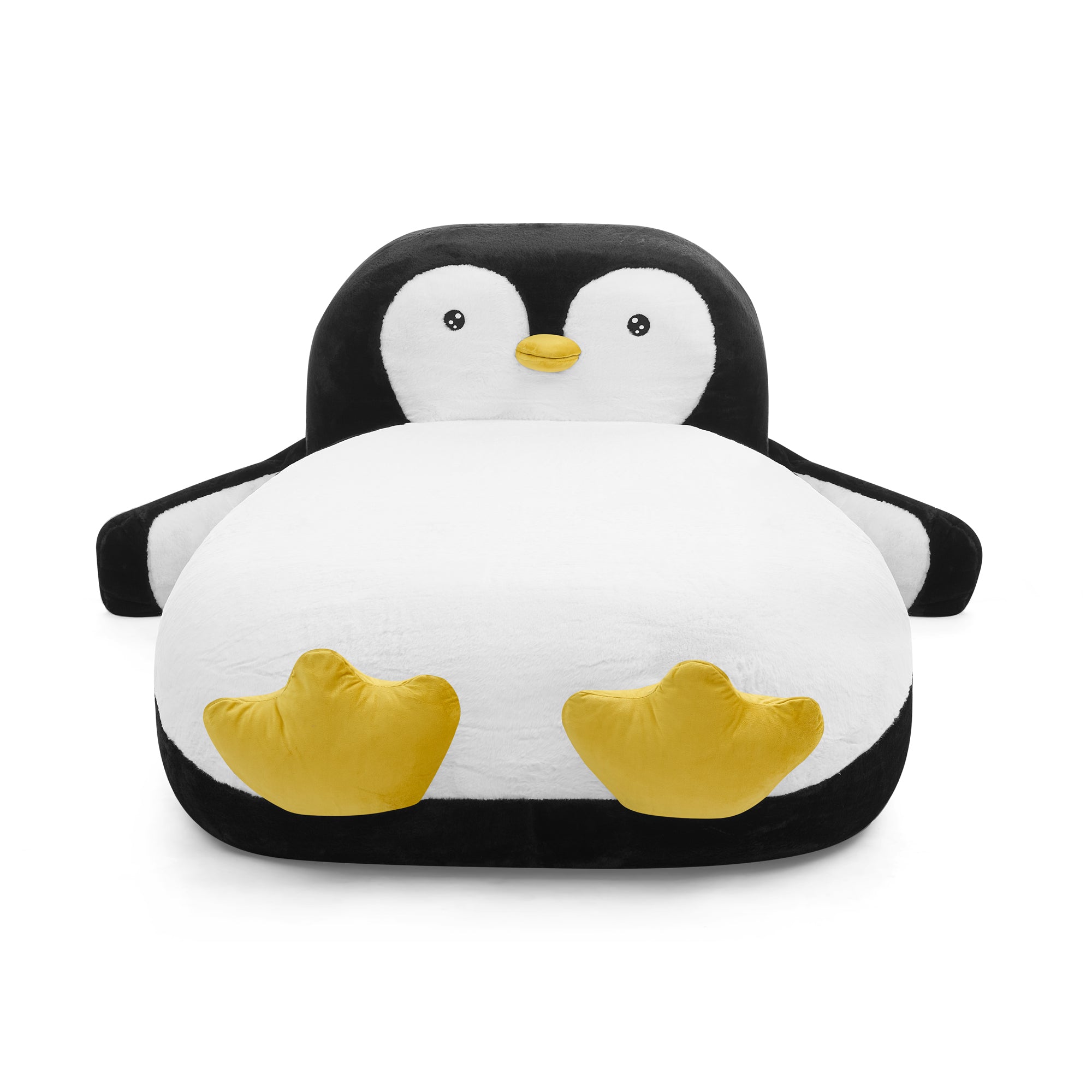 Twin Size Fluffy Faux Fur Penguin Shaped Bed Lounger Chair with 100% Sponge Filling for Kids Bedroom Playroom in White+Black, 88''x45''x29.5''