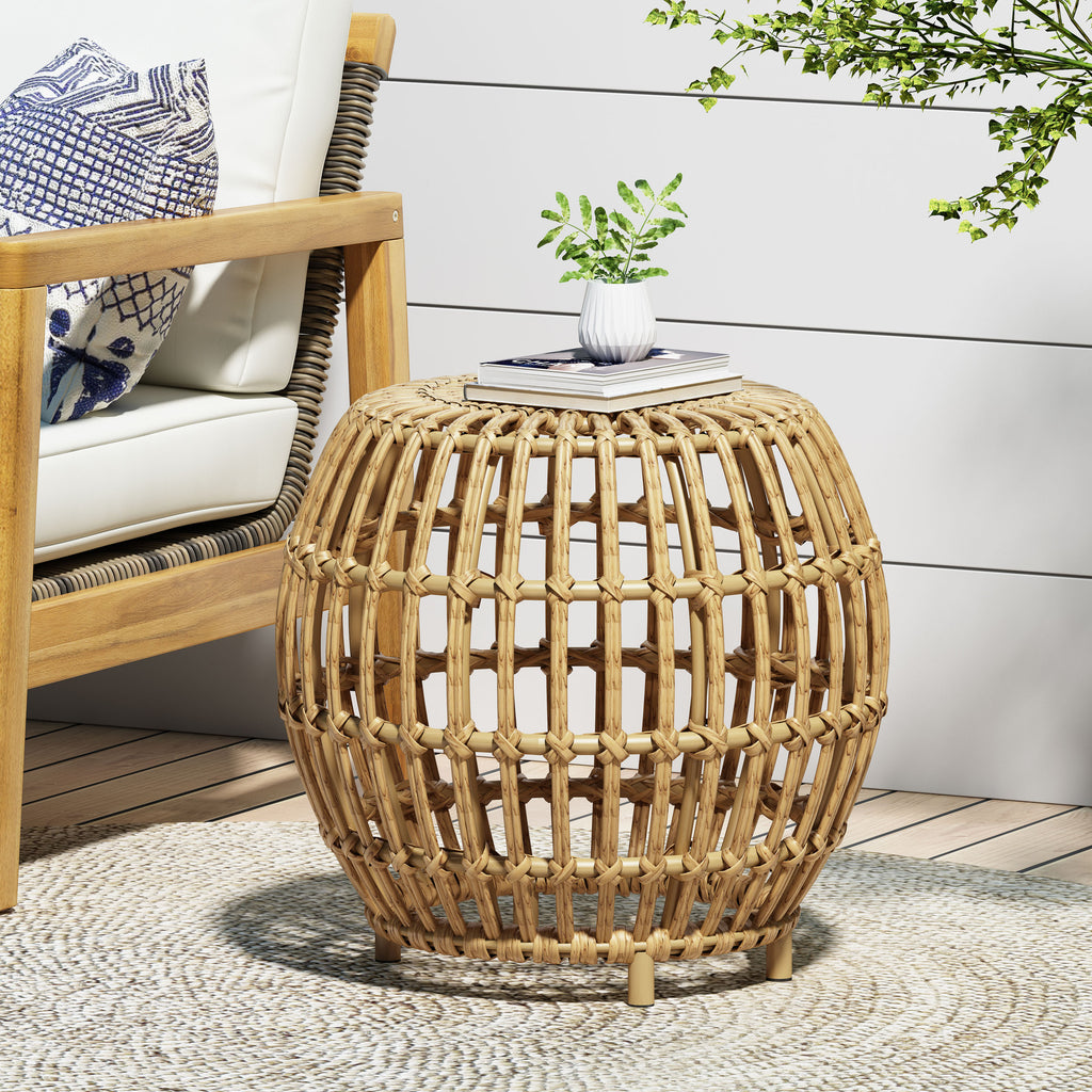 OTTAWA Side Table-Bohemian Faux Rattan Weave Accent Table for Indoor Outdoor Use, Handcrafted Round Side Table for Living Room, Patio, Garden,Light Brown Color